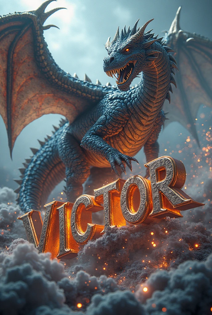 A captivating and vibrant 3D render illustration of the word "August" transformed into a mesmerizing blend of typography and mythical elements. The intricate lettering features a dragon's head roaring open-mouthed, with sharp teeth and eyes aglow. Flames trail down the sides of the lettering, exuding power and intensity. The enchanting deep blue background accentuates the ancient mystique, immersing the viewer in a dark fantasy atmosphere. This high-resolution 8K photo showcases the vibrant colors and detailed textures, making it a breathtaking piece of digital art., typography, vibrant, 3d render, dark fantasy, illustration