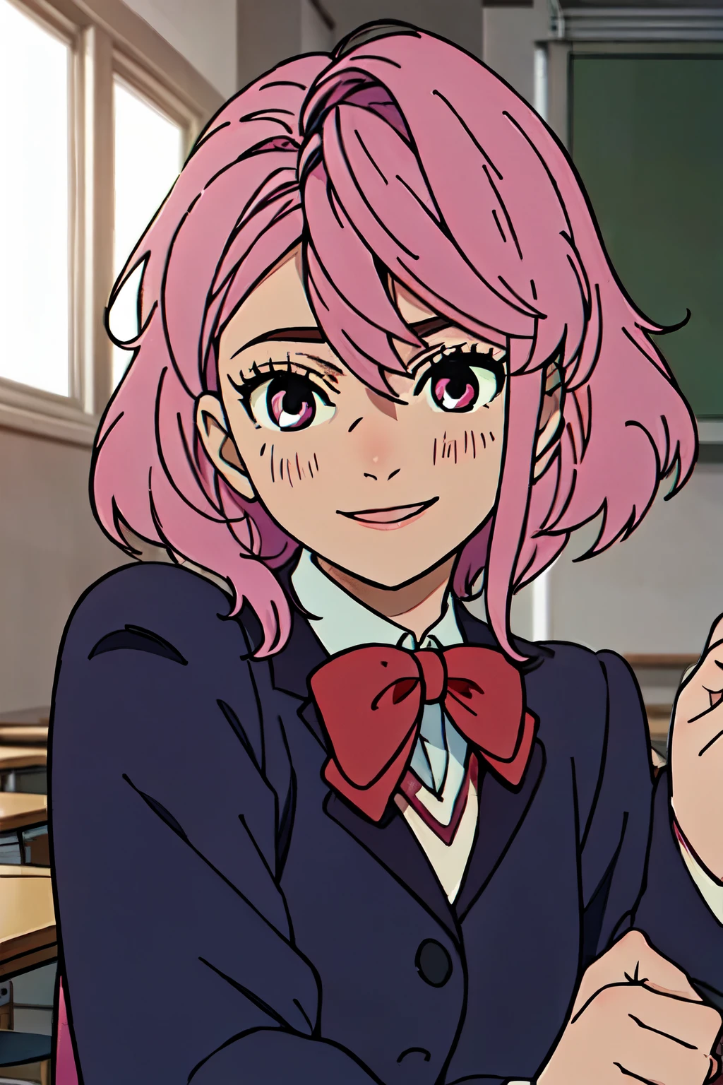 Beautiful youth,One Man,16 years old,Upper Body,Jagged teeth,Dark pink hair,The front hair is down, The right sideburn is braided,Cat-like narrow pupils,Black and pink eyes,black and blue fitted suit,Smile.