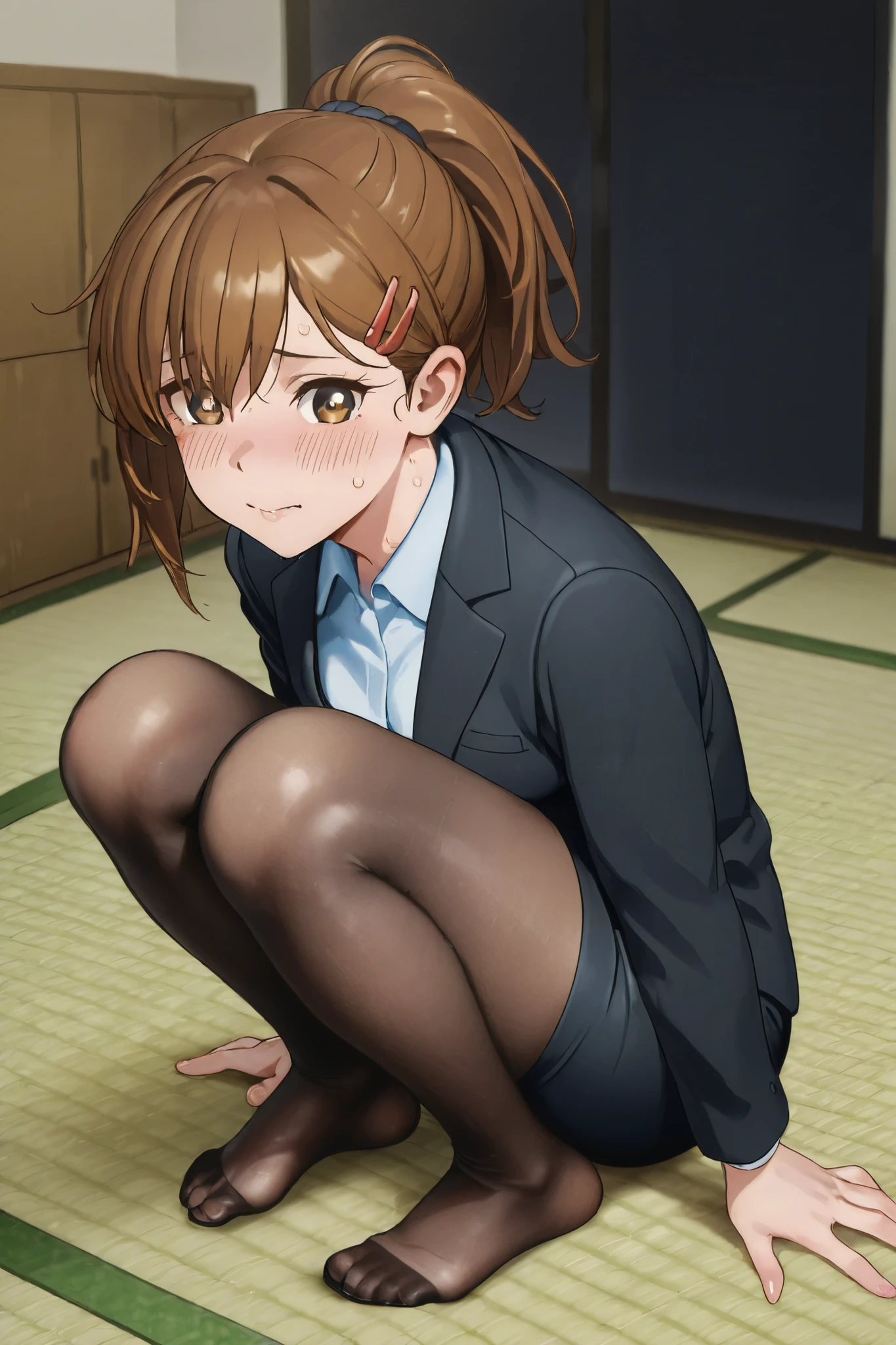 TOP QUALITY:1.5. Masterpiece:1.5
real
beauty
beautiful woman
capita:1.5
Wearing a black business suit:1.5
black tight skirt :1.5
short hair
Ponytail
brown hair
foot sole
sitting
tights:1.5
Steam is coming out of my feet:3.0
My feet are stuffy:2.0
My feet are sweaty
I'm embarrassed
Draw the whole body
The whole body down to the toes
standing picture
small tits:1.5
Slender :1.8
Japanese-style room:2.0
Tatami room:2.0
The heels I was wearing have fallen off:2.0