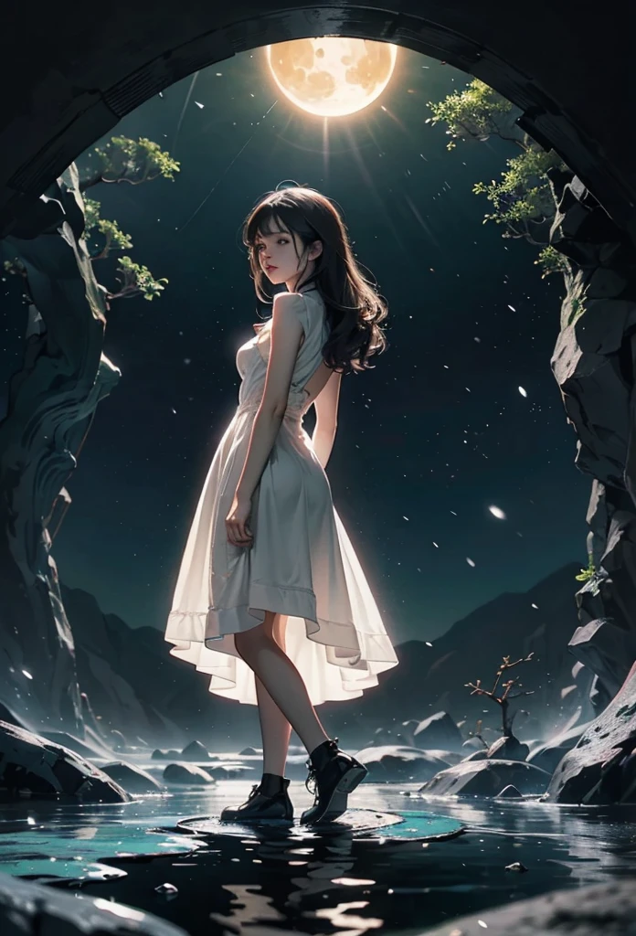 The image features anime-inspired art in a digital style that shows a young woman from the back. The girl has very long, wavy and dark hair. The woman is wearing a greenish-white dress and dark shoes, standing in front of a circular portal formed by intertwined branches and roots. The surrounding environment is dark, with cold tones and falling snow, while beyond the portal is an illuminated world, with a blue-green sky and a celestial glow in the background, possibly a sun or a moon. The young woman's reflection in the water reinforces the feeling of magic and transition between two distinct worlds, as if she were crossing into a new reality.