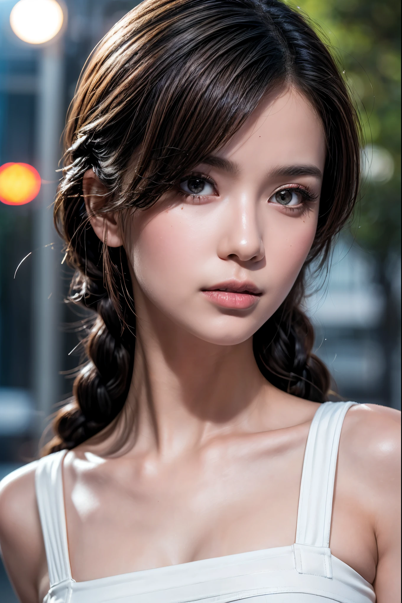 8K, of the highest quality, masutepiece:1.2), (Realistic, Photorealsitic:1.37), of the highest quality, masutepiece, Beautiful young woman, Pensive expression, kindly smile, Cute dress, Hair tied back, Messy mood, Cinematic background, Light skin tone