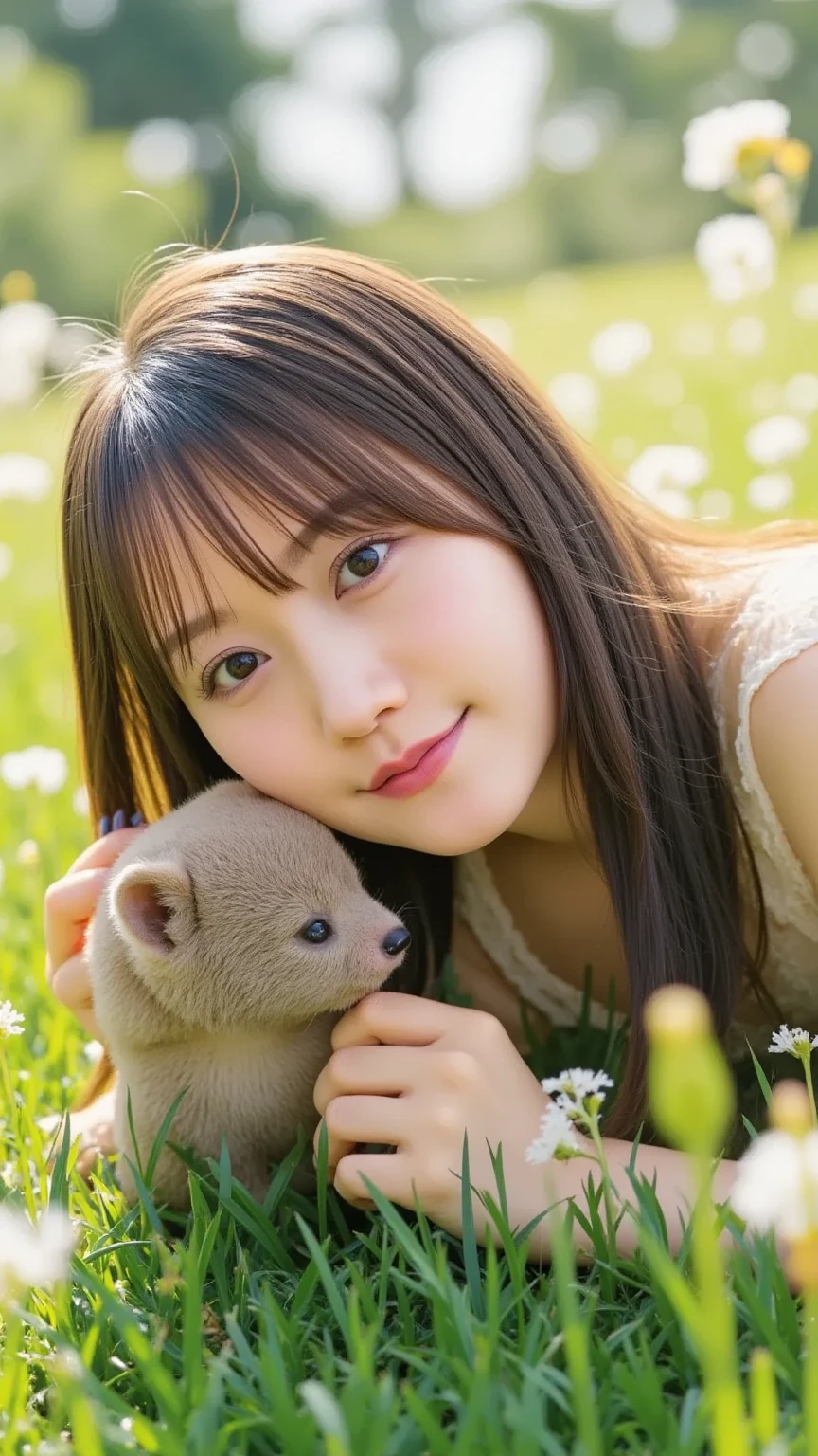 (art by:Super sexy and super cute Japanese Adult Cute:1.5), Daytime in autumn , 1 persons , Cute woman showing her teeth and smiling, Hair color is brown , Hair is semi-long length to the shoulders, Bikini、Super big、sexual excitement、Outside a medieval European-style café , tea parties、(A girl hugging a cute koala bear)、cute little、Cute 、Dolce、fluffly、Dolce、Pale shades