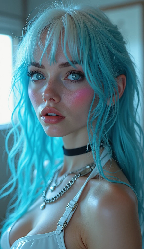 best quality,4k,8k,(masterpiece:1.2),ultra-detailed,realistic,photo-realistic:1.4, attention to detail, 8K, ultra detailed body, ultra detailed prefect face according to mathematically, super sexy, juicy lips, perfect face shape and perfect face cut, goddess of temptation and lust, young Cyan hair Ciri, braid, cyan colour hair, side cut silk dress, open toe high heels, at the club, fit body, sexy pose, seductive, large huge big breasts, sexy, highly detailed body, sexual and sensual, cyan coloured hair, blue eyes, super seductive expressions and pose, seductive girl, voluptuous