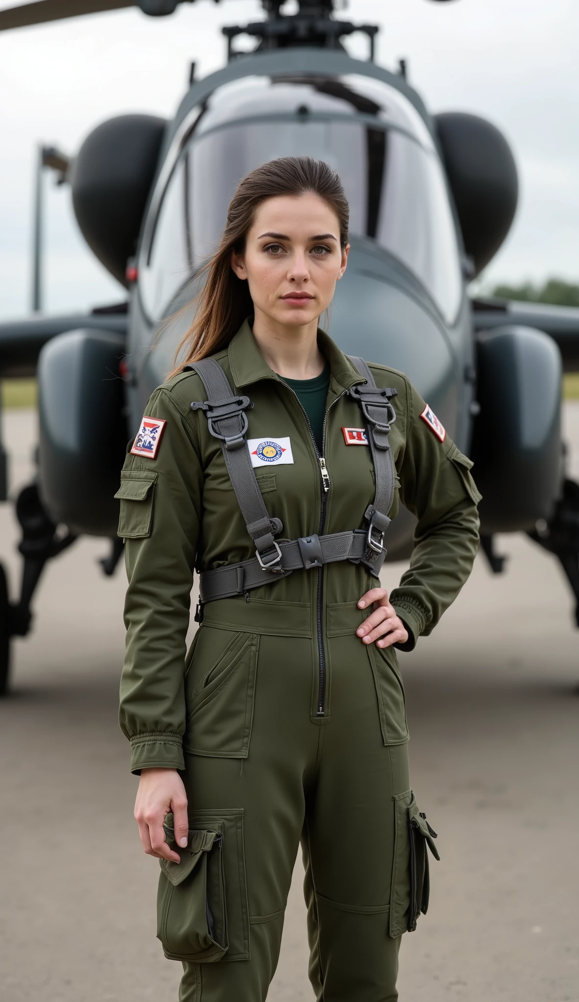 A stunning 20-year-old Kosovar female combat helicopter pilot stands confidently in front of the most advanced attack helicopter in her country’s fleet. Her long, dark brown hair is neatly tied back, emphasizing her disciplined and professional demeanor. Her sharp eyes and poised expression exude intelligence, determination, and unwavering dedication to her duty.

She wears a high-performance military flight suit in a deep olive-green shade, tailored for both protection and mobility. The Kosovo Air Force insignia is proudly displayed on her chest, signifying her elite status among the nation's top aviators. The suit features reinforced padding, secure harness straps, and multiple utility pockets designed for practicality in high-risk missions. Sturdy black combat boots complete her authoritative appearance.

She stands with her right hand resting on her hip in a powerful stance, showcasing confidence and readiness. Her presence is striking against the backdrop of the state-of-the-art combat helicopter, whose sleek design and advanced weaponry emphasize the strength of Kosovo’s military forces. The helicopter's metallic exterior gleams under the daylight, and its massive rotor blades remain still, hinting at their immense power when in motion.

Captured from a straight-on perspective, this 3/4 body shot perfectly frames her assertive stance in front of the formidable aircraft. The setting, an expansive military airbase with towering hangars and a wide tarmac, highlights her role as a fearless pilot, prepared for any mission with skill and precision.








