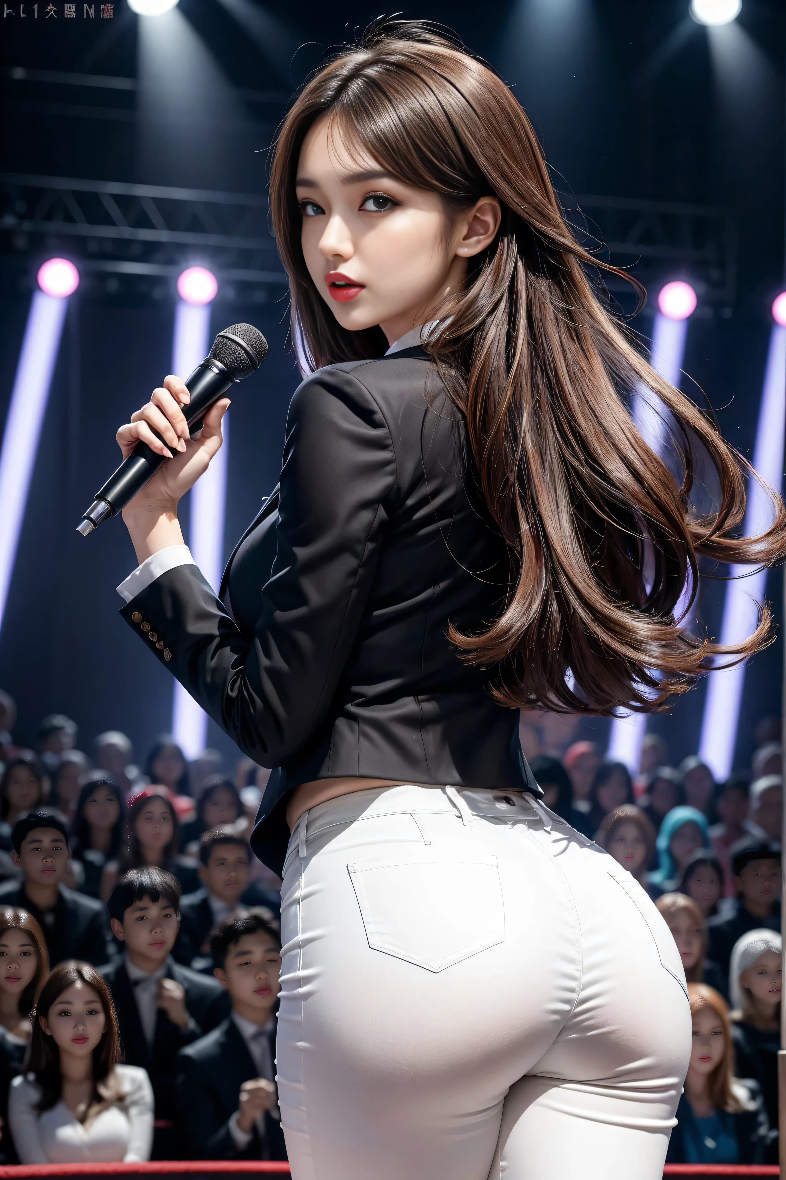 (8k,best quality,masterpiece,practical,super detailed:1.3),(1 girl,beautiful korean girl, kpop idol),(black suit jacket:1.2),(White skinny trousers:1.1),(serious expression:1.2)discuss,(speech,handheld microphone:1.2)(crowd,audience:1.3),Sexy long legs, (thigh gap:1.5),wide hips,S-shaped body, Buttocks raised,,black hair,(ass focus:1.1)shot from behind