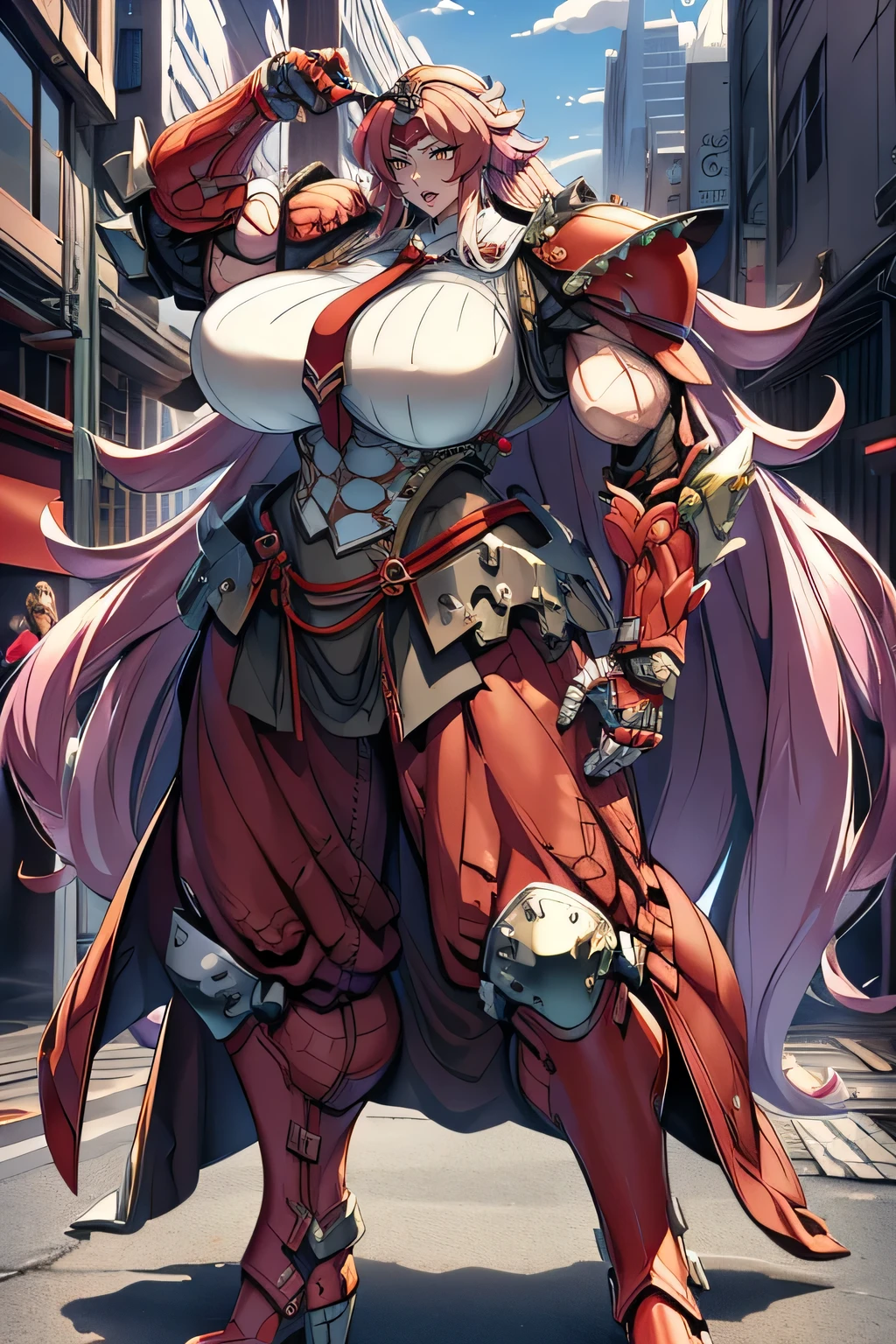 tomboy, warrior, berserker, tall female, muscular female, living hair, sauvage,, medieval clothing, fantasy, fantasy weapon, huge breasts, barbarian pants, , combat boots, armor, red hair, crazy smile, open mouth, biceps, necktie, thick arms,pullover, solo focus, long hair, , crazy smile, long hair, pants, noble cloths, noble clothing, french cloths, very long hair, BOOTS, full body, pink lips, hime cut, full body
