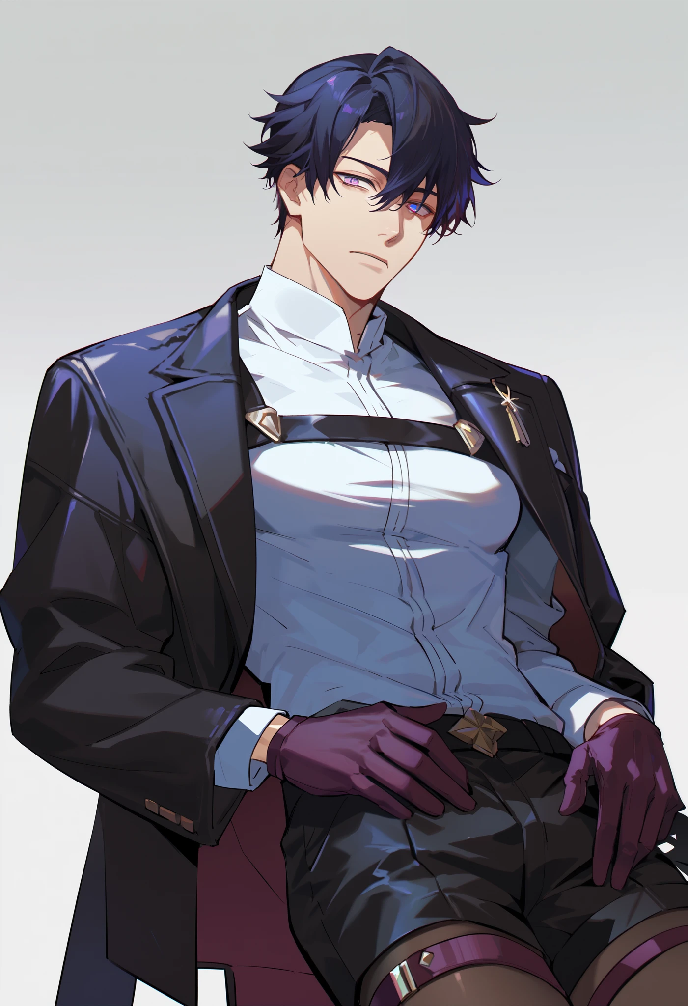 1man, solo, dark hair, swept bangs, hair between eyes, violet eyes, keen eyes, dark circles under eyes, white shirt, black jacket, long sleeves, purple gloves, shorts, pantyhose, thigh strap, muscular male, pectorals, expressionless, looking at viewer, simple background