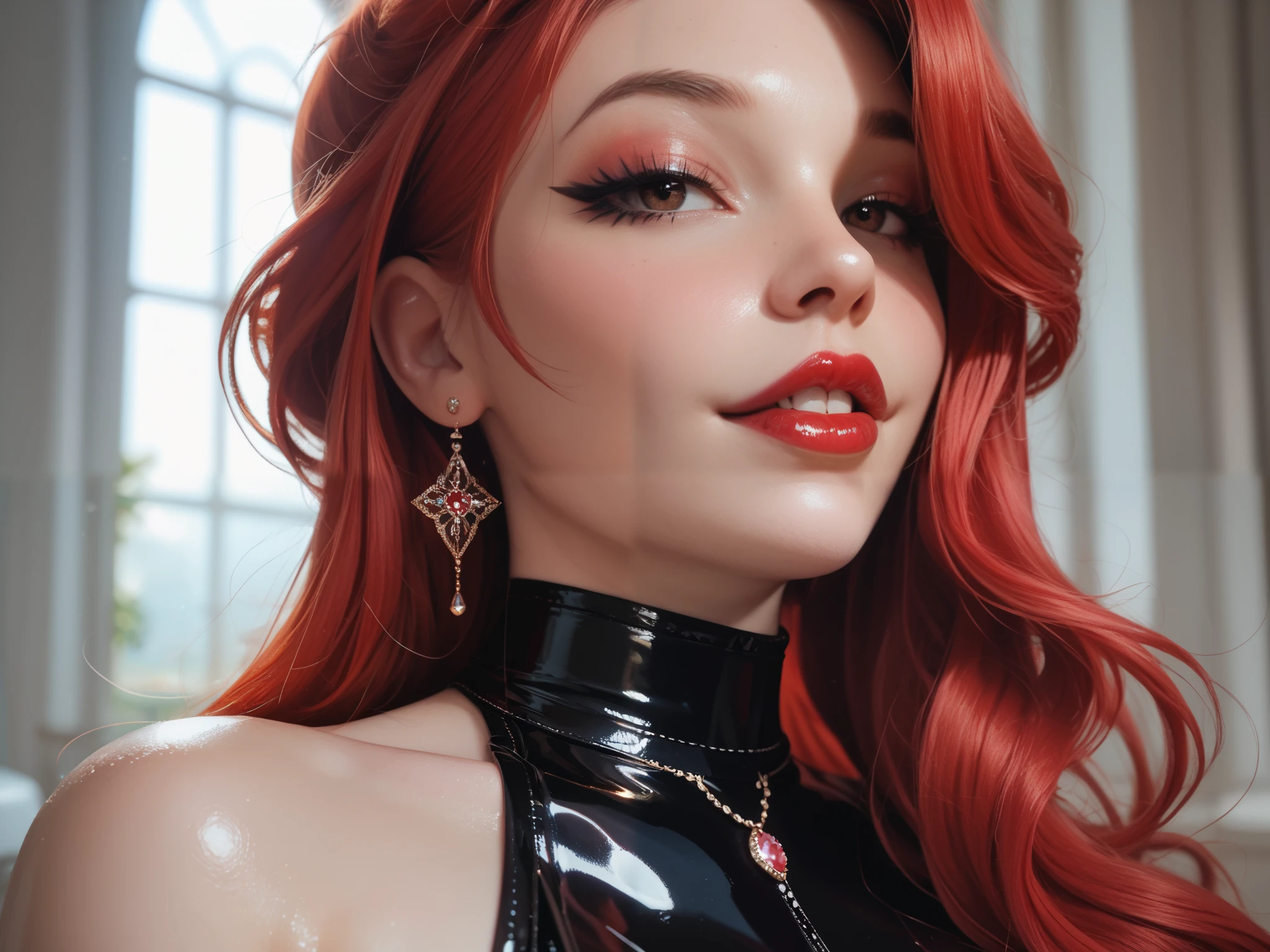 extreme close up portrait of face, elegant red hair, extremely shiny deep red lip gloss, eyeliner flicks, latex