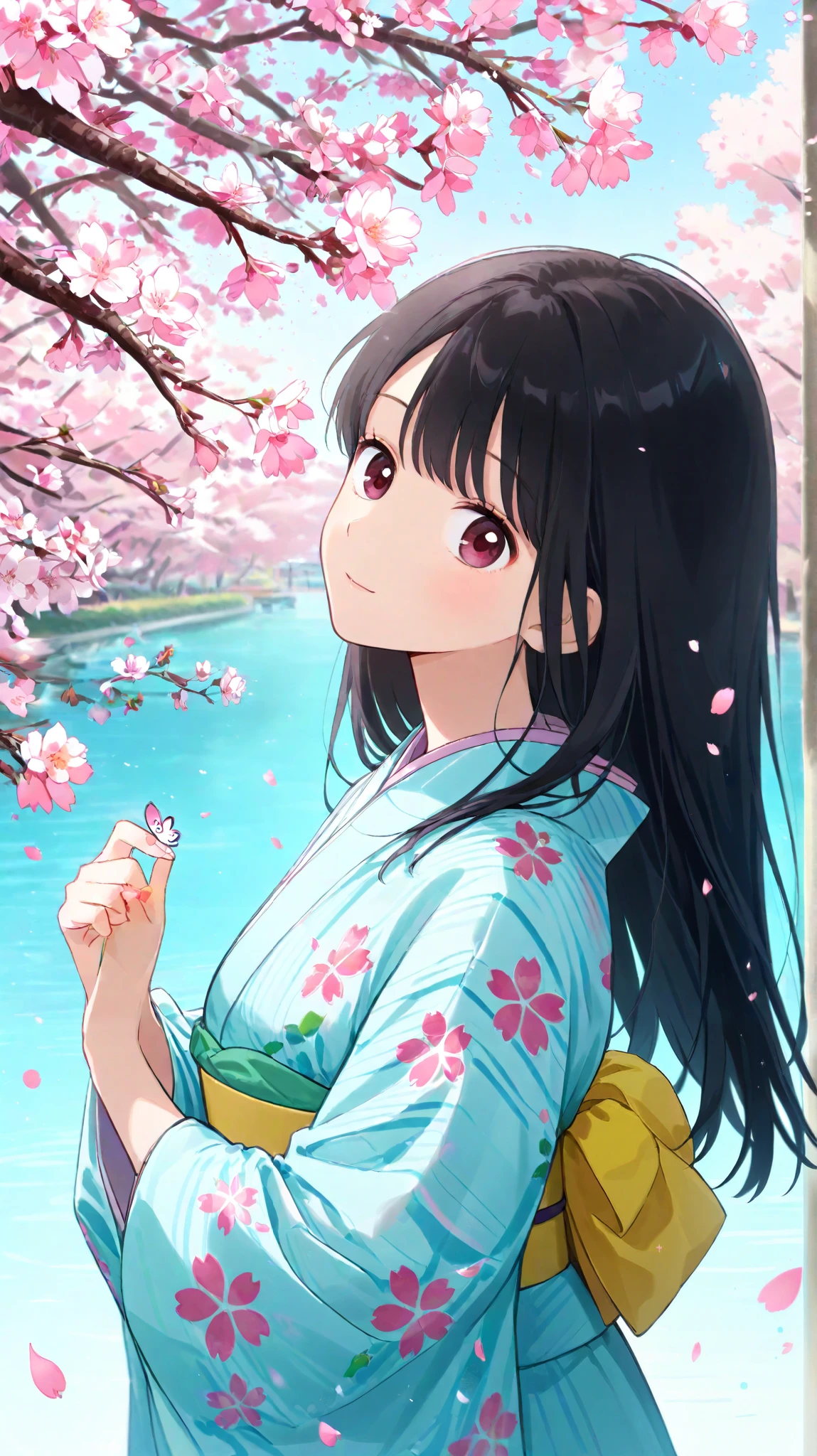 One girl with straight black hair， without characters、I'm wearing a pretty kimono，Cherry blossoms in Kyoto 、She is a hall々She's a kind girl who said ， I'm blinking、Lip syncing、