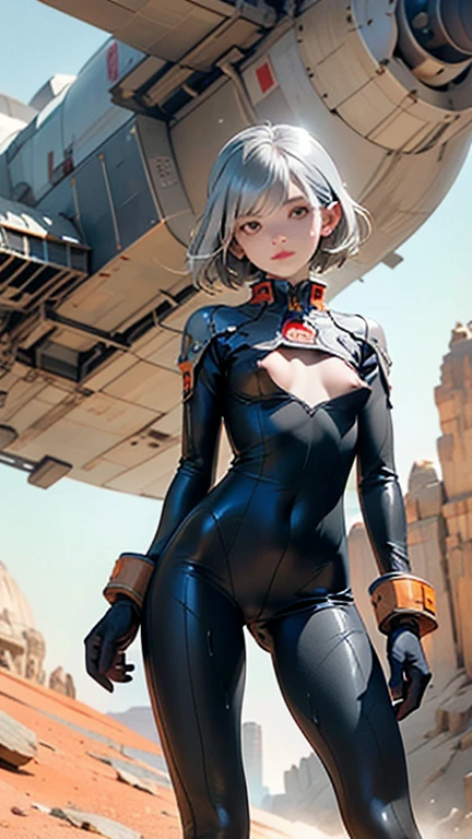 (((devilish smile))), (((lilac suit))), (((white hair bob haircut))), (((metallic arms))), (((muscles))), (((Colossus))), (((X-man))), (((melhor qualidade: 1.4))), (((full metal))), (((DuneWalker))), (((post-apocalypse))), (Unbeatable masterpiece), (hiper HD),(CG 8k hiper-realista), 1Garota armada em um mundo futurista usando roupas coloridas e modernas. Corte de cabelo ultra moderno, perfect body with robotic parts, seios grandes, bunda perfeita, muscles without exaggeration, rosto lindo com olhos azuis penetrantes, add textures to clothes and create something different from the usual, add accessories like garter belt, espartilho e luvas com listras, pele bronzeada e com brilho de molhado, industrial environment with giant heavy machines, Intricate machinery and giant robot parts