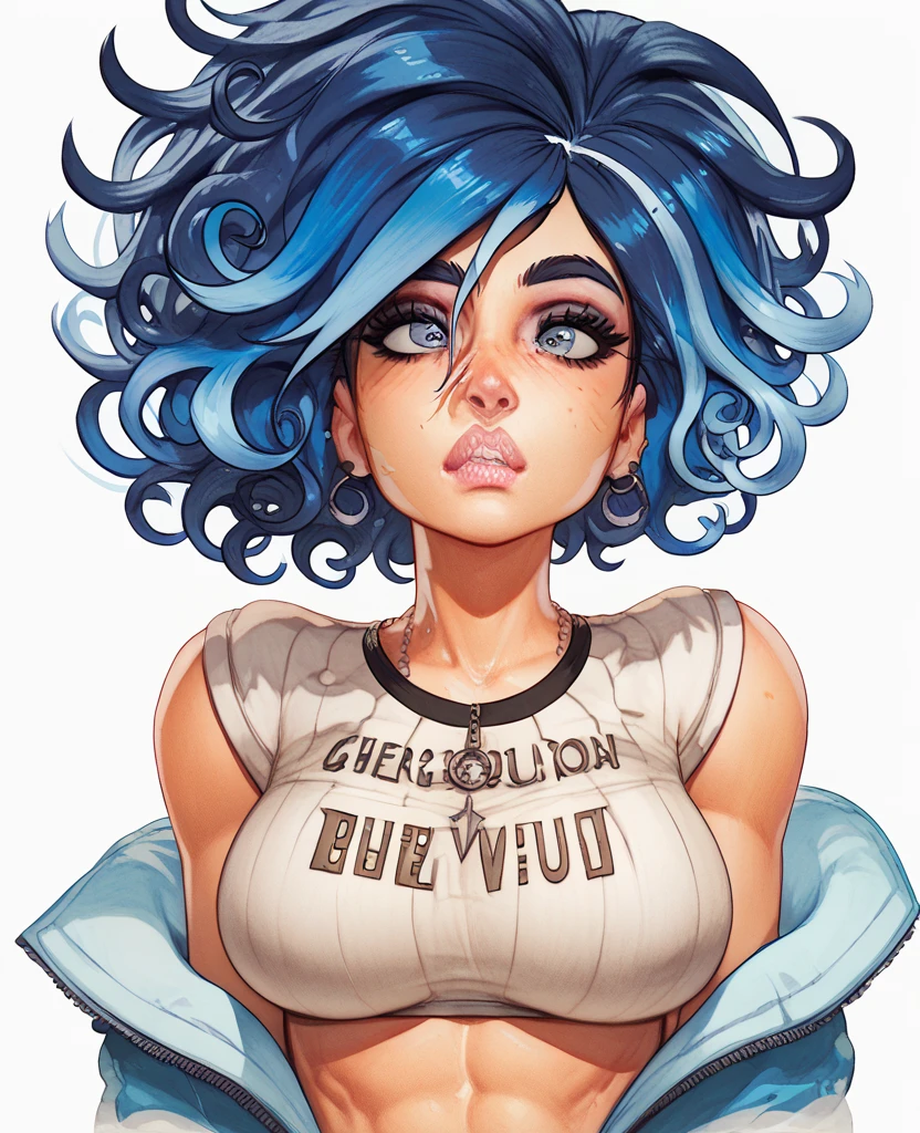 Anime style, 1women, cum on face, cum on body, seductive expression, bright red lips, sexy tattoo on hand, neck and lap brunette, black and blue multi colored hair, short hair , wavy hair, messy hair, curly hair, black eye liner, blue eye shadows makeup, beautiful detailed blue eye, white t-shirts, black short flowy line skirt, sexy neckline, large neckline,highly detailed, comprehensive cinematic, digital painting, 8k, cinematic lighting, best quality, highres, detailed work, post-processing, perfect result, hyper realistic,