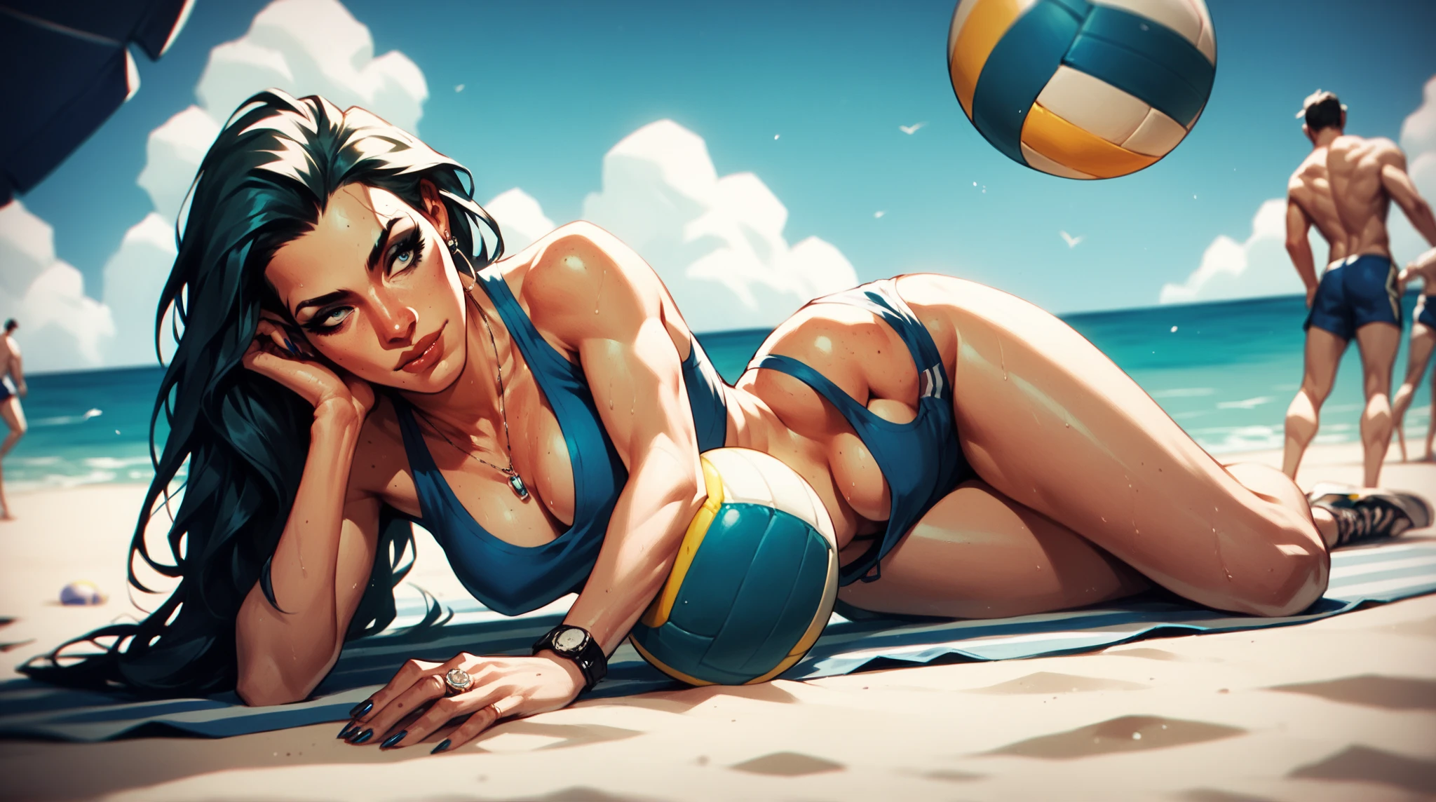 1girl,On the beach, sunbathing, lying on the sand, tanned, full body, artwork, Kobeni