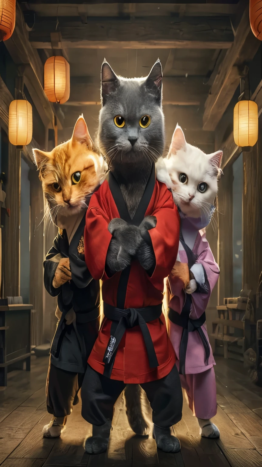 Image of A dramatic movie poster featuring a gray cat in the center, striking a powerful karate pose with its arms crossed. The gray cat is adorned in a vibrant red kimono, cinched with an elegant black sash. To its left, an orange cat in a black kimono leans on the gray cat's shoulder, while to the right, a white cat in a pink kimono mirrors the pose, also resting on the gray cat's shoulder. All three cats stare intently ahead, their expressions fierce and determined. The setting is a bustling kung fu gym, with weathered wooden beams, hanging lanterns casting warm light, and traditional martial arts training equipment scattered throughout. The style is a movie poster, with a dynamic composition and bold color contrast, hinting at the film's action-packed plot. The image is created using a professional digital rendering technique and high resolution to showcase the incredible detail of the cats' fur, the vibrant colors of the kimonos, and the authentic ambiance of the gym