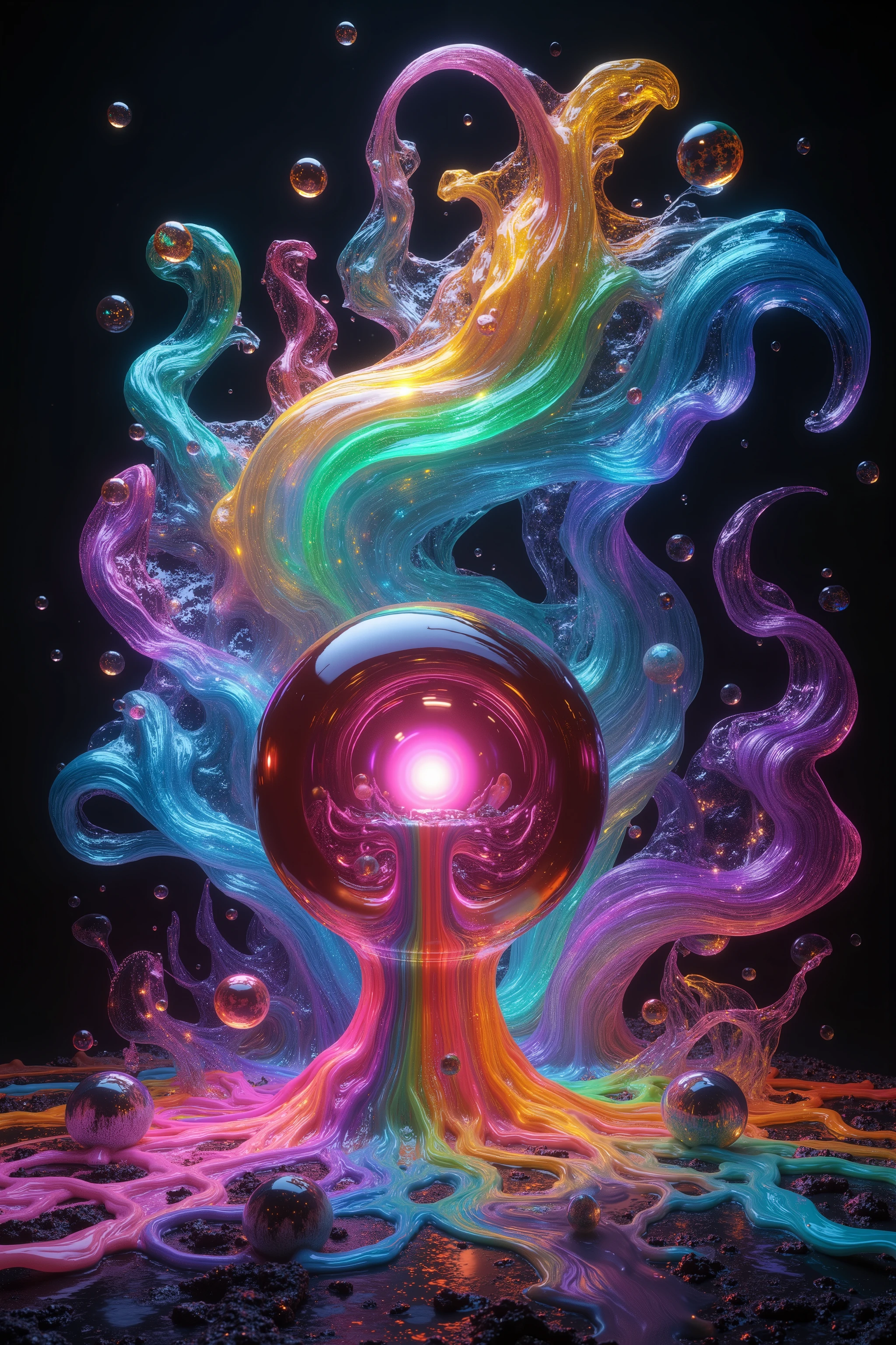Psychedelic digital art,ultra-detailed vibrant fluorescent neon colors,intricate rainbow glass-like environment,shimmering glass bubbles morphing out of swirling colors,glowing light and reflection,4d mandelbulb psychedelic landscape,bright overexposed backlighting with depth of field,award winning masterpiece,pixel art,portrait photography,photorealistic,hyperdetailed,glass morphism,sparkle,optical illusion,rotational symmetry,best quality,8k,ultra-fine detailsWithin the black of the abyss, intense bright, colorful, perfectly symmetrical glass spheres containing the glowing light of acidzlime within the glass.Smaller glass orbs beneath that melt and drip vibrant colorful symetrical patterns that cover the ground and merge together in a quilt of intricate and complex designs. High fantasy, magical effects,Portrait photography, cinematic photography, photorealistic UHD, intricate, complex, attention to detail, optical illusions, unique patterns and designs, avant garde, masterpiece. Light is emerging from colors in a psychedelic dream, shimmering glass morphing out of colors, tripped out vibrant colors, perfectly formed beautiful reflective bubbles, attention to detail on the bubbles and spheres, beautiful psychedelic digital art, pixel art, trippy colors, 4d mandelbulb psychedelics, glass like psychedelic landscape, intricate rainbow environment, psychedelic underwater brightness, neon colors, bright colors, psychedelic trip, fluorescent psychedelic aesthetic, psychedelic vibrant colors, bright psychedelic neon colors, paint splattered backgrounds,swirling spirals and vortex, bright vibrant colors popping out from 3d glass spheres, Pixel Assets, Portrait photography, surrealism, Photorealistic, Hyperdetailed, Glass Morphism, Digital Art, Sparkle, Optical Illusion, Glowing Light, Reflection Light, Overexposure, Backlighting, Depth Of Field, Rotational Symmetry, UHD, High Details, High Quality, Super Detailed, Best Quality, Award Winning, Masterpiece.