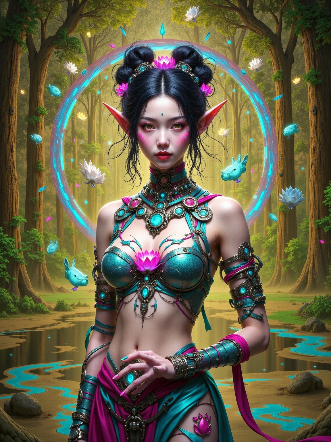 beautiful busty Asian woman elf, detailed face, long eyelashes, plump lips, plant thong bikini, fantasy landscape, detailed foliage, magical vines, glowing mushrooms, ethereal lighting, vibrant colors, cinematic lighting, 8k, high quality, hyper detailed, photorealistic