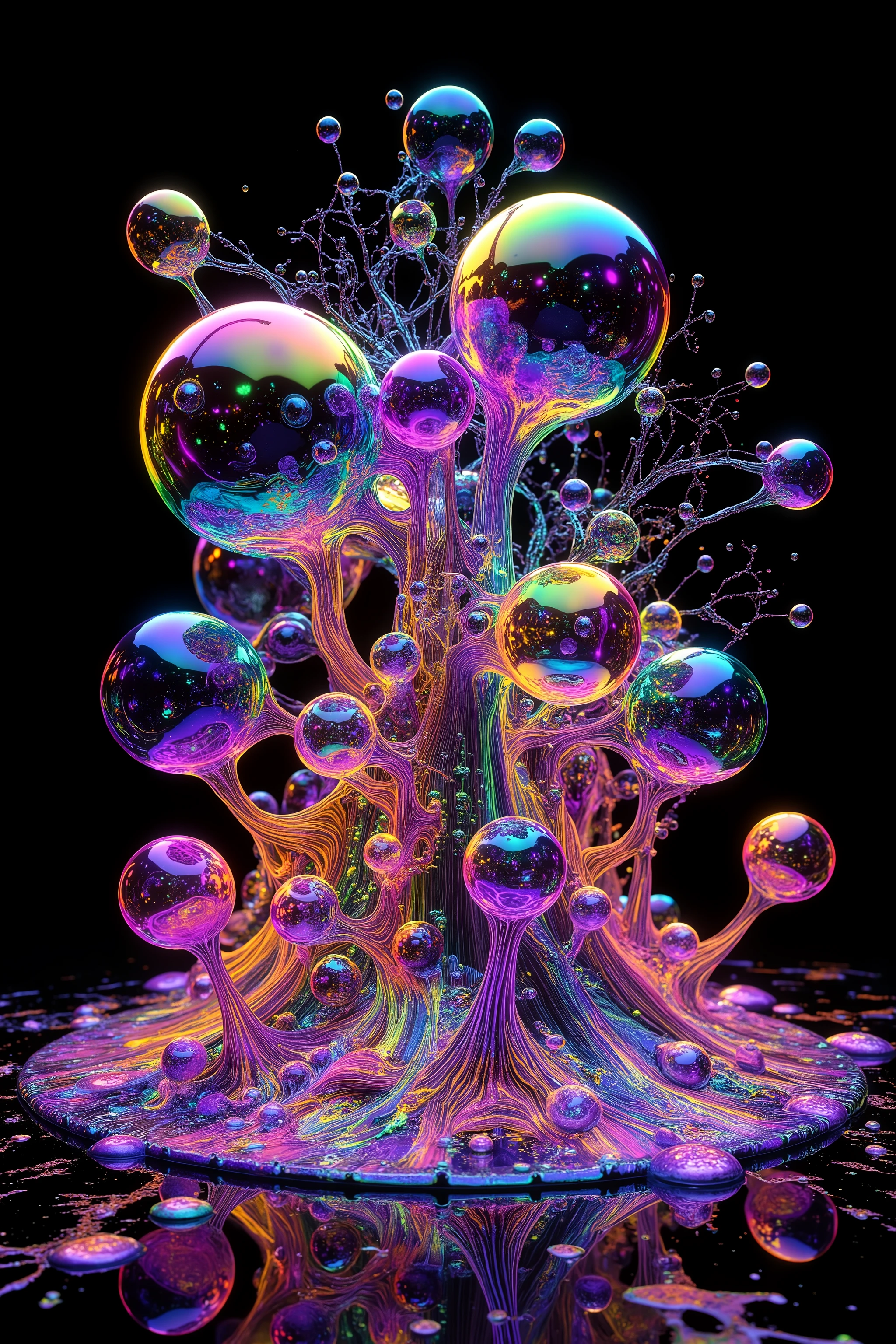 a psychedelic digital art,ultra-detailed vibrant fluorescent neon colors,intricate rainbow glass-like environment,shimmering glass bubbles morphing out of swirling colors,glowing light and reflection,4d mandelbulb psychedelic landscape,bright overexposed backlighting with depth of field,award winning masterpiece,pixel art,portrait photography,photorealistic,hyperdetailed,glass morphism,sparkle,optical illusion,rotational symmetry,best quality,8k,ultra-fine detailsWithin the black of the abyss, intense bright, colorful, perfectly symmetrical glass spheres containing the glowing light of acidzlime within the glass. Smaller glass orbs beneath that melt and drip vibrant colorful symetrical patterns that cover the ground and merge together in a quilt of intricate and complex designs. High fantasy, magical effects,Portrait photography, cinematic photography, photorealistic UHD, intricate, complex, attention to detail, optical illusions, unique patterns and designs, avant garde, masterpiece. Light is emerging from colors in a psychedelic dream, shimmering glass morphing out of colors, tripped out vibrant colors, perfectly formed beautiful reflective bubbles, attention to detail on the bubbles and spheres, beautiful psychedelic digital art, pixel art, trippy colors, 4d mandelbulb psychedelics, glass like psychedelic landscape, intricate rainbow environment, psychedelic underwater brightness, neon colors, bright colors, psychedelic trip, fluorescent psychedelic aesthetic, psychedelic vibrant colors, bright psychedelic neon colors, paint splattered backgrounds,swirling spirals and vortex, bright vibrant colors popping out from 3d glass spheres, Pixel Assets, Portrait photography, surrealism, Photorealistic, Hyperdetailed, Glass Morphism, Digital Art, Sparkle, Optical Illusion, Glowing Light, Reflection Light, Overexposure, Backlighting, Depth Of Field, Rotational Symmetry, UHD, High Details, High Quality, Super Detailed, Best Quality, Award Winning, Masterpiece.