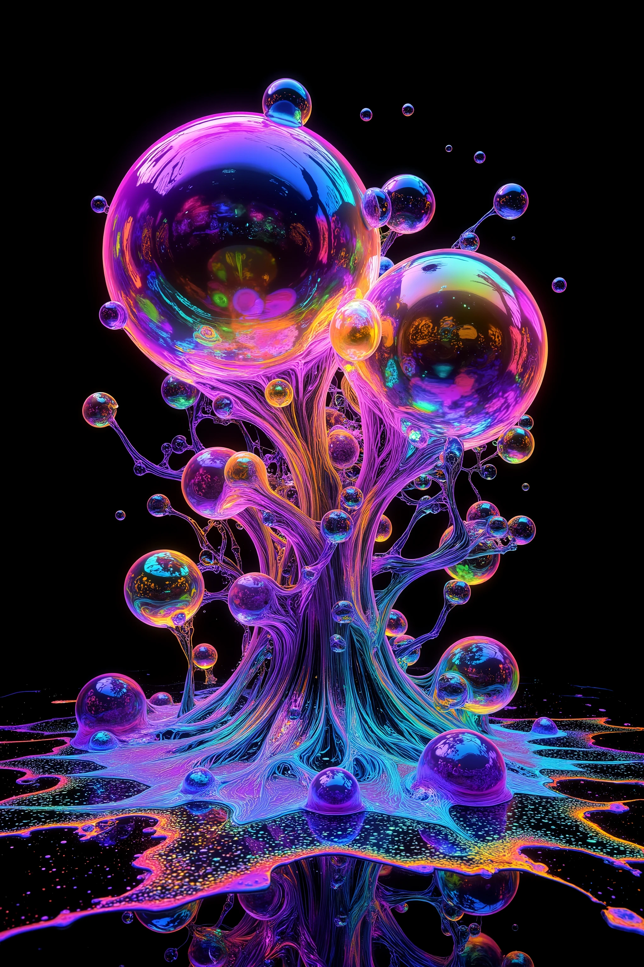 a psychedelic digital art,ultra-detailed vibrant fluorescent neon colors,intricate rainbow glass-like environment,shimmering glass bubbles morphing out of swirling colors,glowing light and reflection,4d mandelbulb psychedelic landscape,bright overexposed backlighting with depth of field,award winning masterpiece,pixel art,portrait photography,photorealistic,hyperdetailed,glass morphism,sparkle,optical illusion,rotational symmetry,best quality,8k,ultra-fine detailsWithin the black of the abyss, intense bright, colorful, perfectly symmetrical glass spheres containing the glowing light of acidzlime within the glass. Smaller glass orbs beneath that melt and drip vibrant colorful symetrical patterns that cover the ground and merge together in a quilt of intricate and complex designs. High fantasy, magical effects,Portrait photography, cinematic photography, photorealistic UHD, intricate, complex, attention to detail, optical illusions, unique patterns and designs, avant garde, masterpiece. Light is emerging from colors in a psychedelic dream, shimmering glass morphing out of colors, tripped out vibrant colors, perfectly formed beautiful reflective bubbles, attention to detail on the bubbles and spheres, beautiful psychedelic digital art, pixel art, trippy colors, 4d mandelbulb psychedelics, glass like psychedelic landscape, intricate rainbow environment, psychedelic underwater brightness, neon colors, bright colors, psychedelic trip, fluorescent psychedelic aesthetic, psychedelic vibrant colors, bright psychedelic neon colors, paint splattered backgrounds,swirling spirals and vortex, bright vibrant colors popping out from 3d glass spheres, Pixel Assets, Portrait photography, surrealism, Photorealistic, Hyperdetailed, Glass Morphism, Digital Art, Sparkle, Optical Illusion, Glowing Light, Reflection Light, Overexposure, Backlighting, Depth Of Field, Rotational Symmetry, UHD, High Details, High Quality, Super Detailed, Best Quality, Award Winning, Masterpiece.
