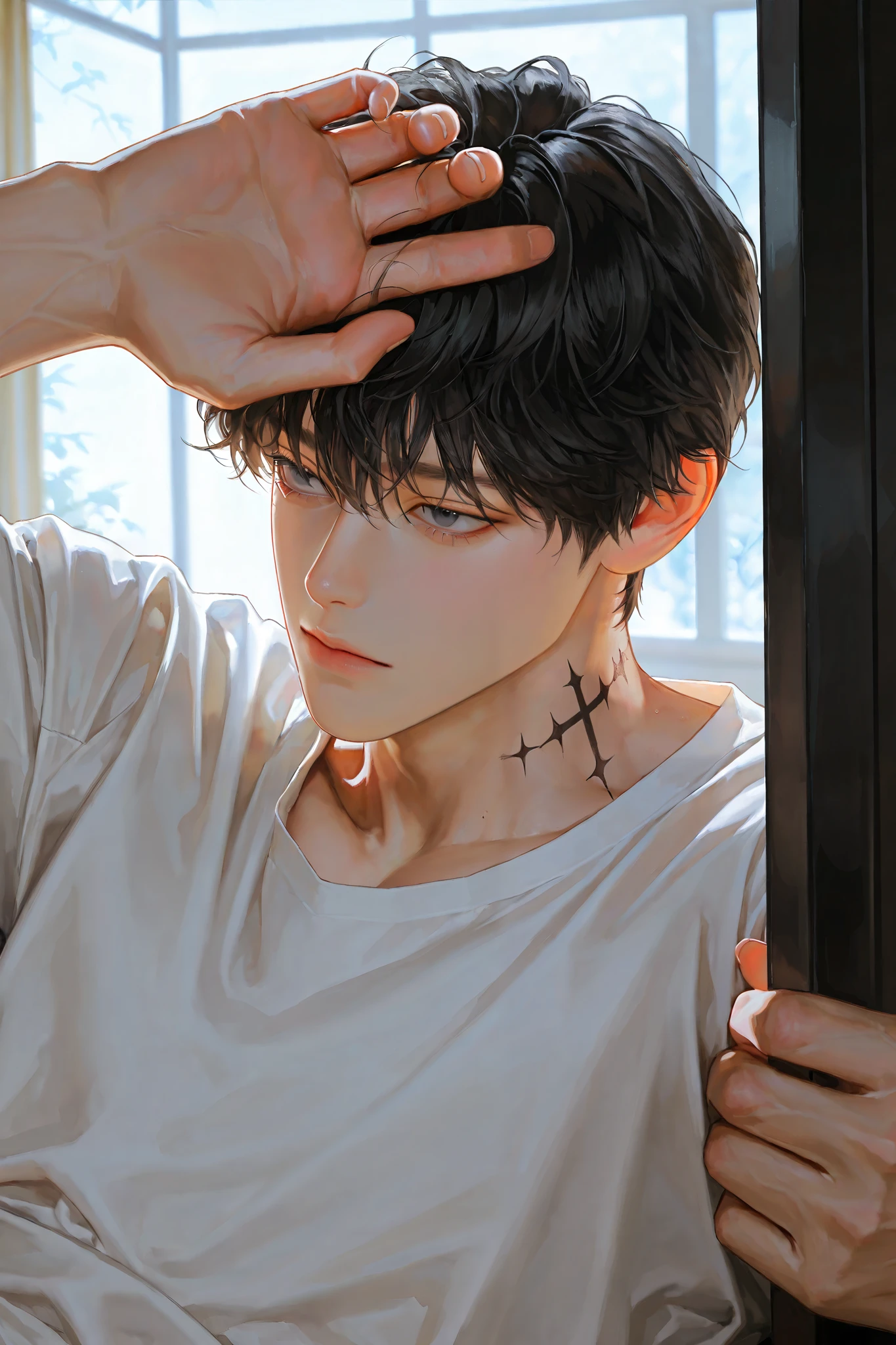 middle-aged male, handsome, lying, 헝클어진 black head, 1 man with a gun, dark circles under the eyes , short hair, male-centered, handsome man, Thick painted , Korean Comic Style , semi-realistic art , semi-realistic art style, Expressive Brushwork, Vibrant Brushstrokes, Impressionist painting , realistic skin, realistic hair , realistic details , Photorealistic , covering the forehead, natural curly hair, black head, muscular, near, cross tattoo on neck , white shirt, Inside the house, Modern, heavy body, big hands, looking at the screen,