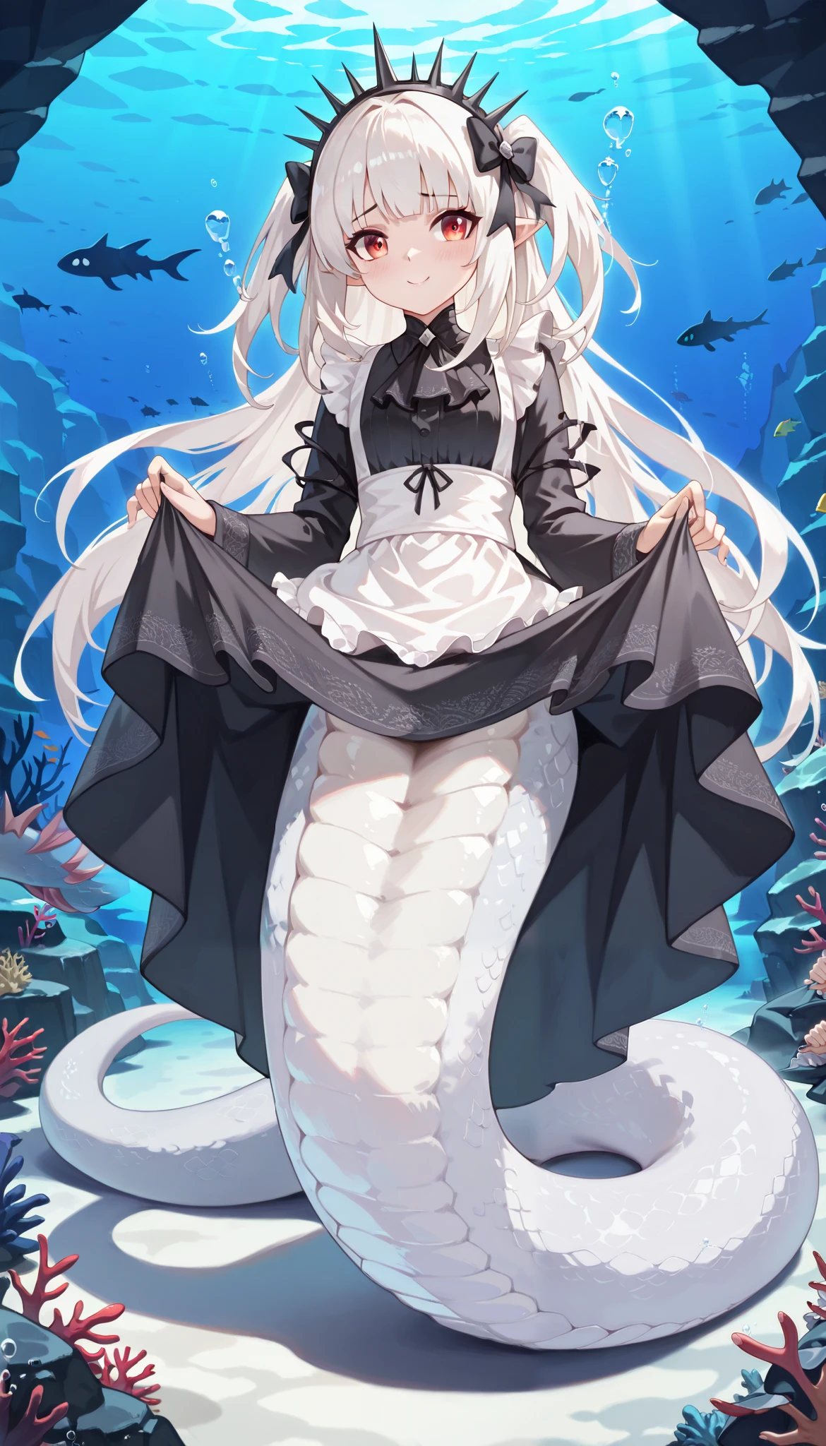 ( masterpiece), ( best quality ),( full five fingers),A-Bao A Qu, the Lightless Shadow, 1 girl, alone, maid outfit, white apron,Full body picture, White hair,headdress, Smile,Shy, lift up skirt , are very beautiful,absurd, Latest, Lamia, White Snake Tail ,(Underwater:1.2),seabed