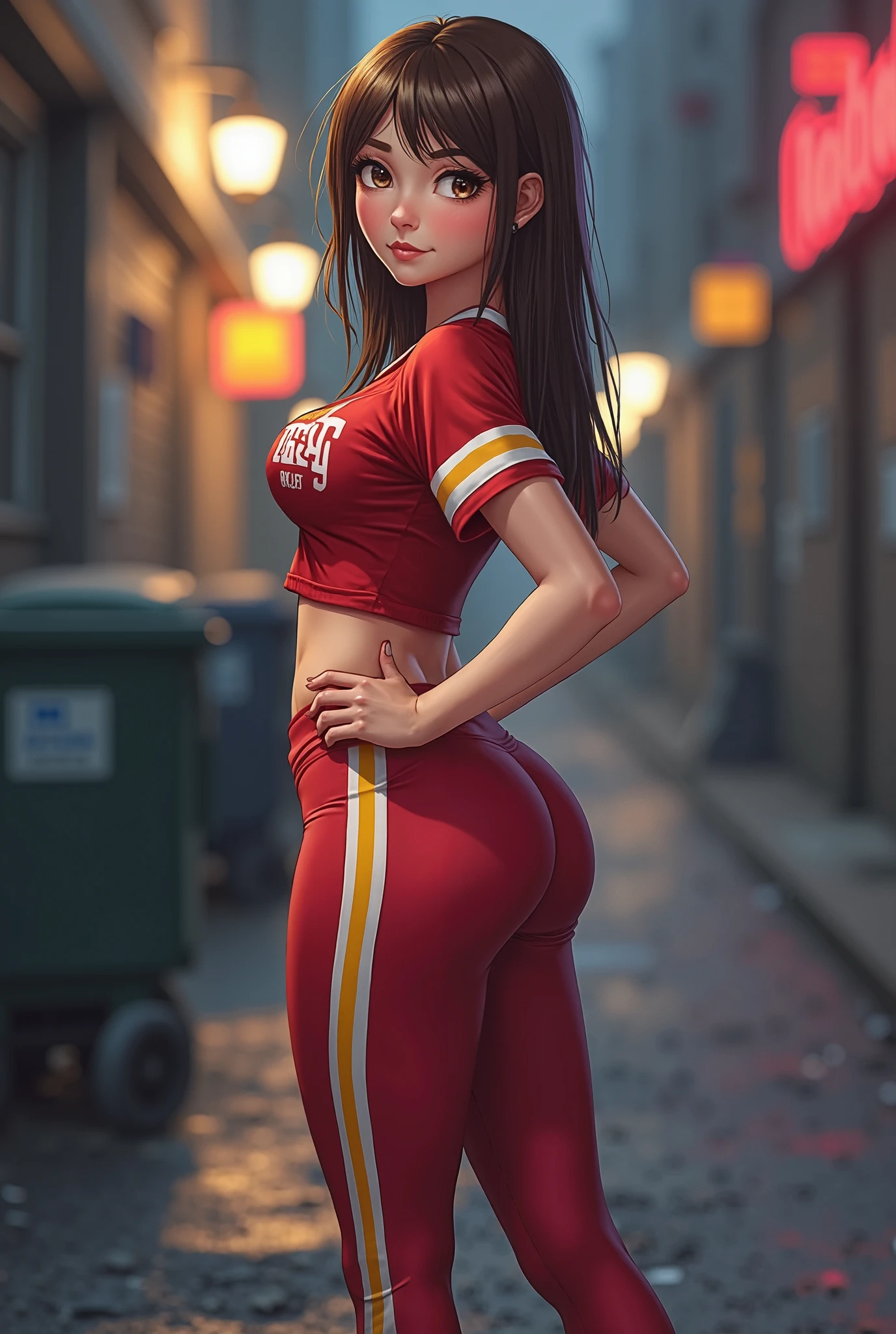 (masterpiece:1.3), (8K, Photo realistic, Raw photography, Best Quality: 1.4), pale shiny skin, Beautiful face, (Lifelike face), (long ponytail hair:1.3), bangs, Realistic eyes, Beautiful eyes, (real skin), Beautiful skin, Ultra high definition, Hyper-realistic, high resolution, beautiful japanese female, (Athletics stadium at night, Land Track:1.5), track and field, (Smile), (cowboy shot), iora