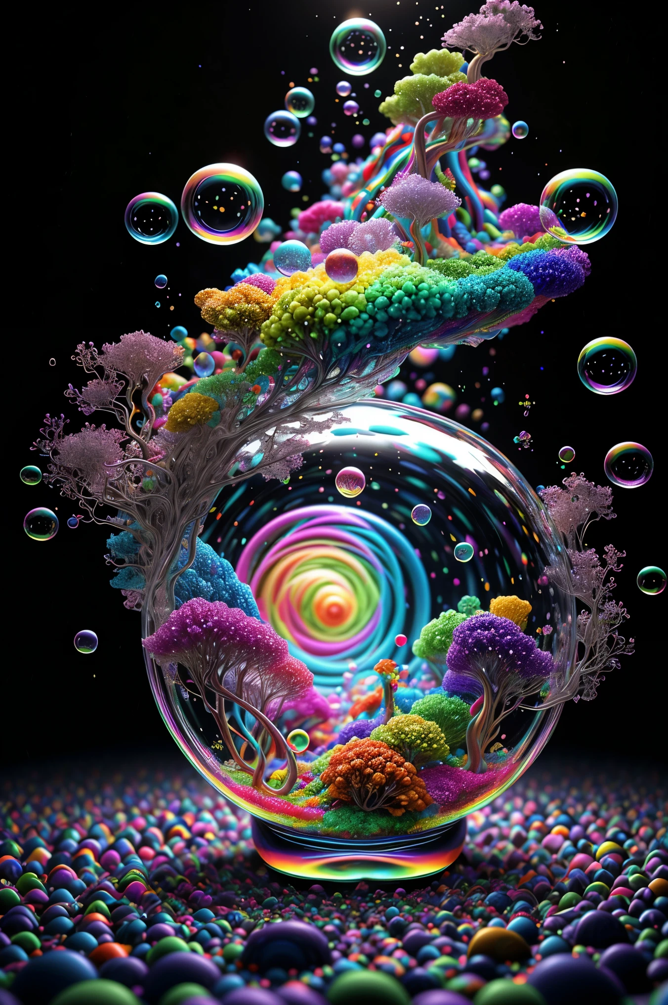 A close up of beautiful bubbles floating on top of each other, LSD, DMT imagery. octane render, psychedelic droplets of water, abstract liquid, and intricate rainbow art. octane render, black 3d fluid simulation, ethereal bubbles, swirling liquids, and highly detailed, octane render, reflective rainbow bubbles, twisted colors inside of glass spheres, Psilocybin Dream inside an amazing image of light emerging from colors in a shimmering glass morphing out of colors, bright neon and fluorescent colors,very bright, vibrant colors, perfectly formed and symmetrical reflective bubbles and spheres, attention to detail with these beautiful bubbles and spheres, Extreme Hallucinations in a gorgeous piece of psychedelic digital artwork, Stunning, pixel art, tripped out colors, 4d mandelbulb psychedelics, glass like psychedelic landscape, intricate rainbow environment, psychedelic underwater brightness and glow with neon colors, glowing colors twist inside of translucent glass spheres and bubbles with light and color reflecting off of both in bright fluorescent colors, psychedelic trip, fluorescent and neon aesthetic, psychedelic vibrant colors, bright psychedelic paint splattered backgrounds,swirling spirals and vortex, bright vibrant colors popping out from 3d glass spheres, Rotational Symmetry, Pixel Assets, Portrait photography, Surrealism, Photorealistic, Hyperdetailed, Glass Morphism, Digital Art, Sparkle, Optical Illusion, Glowing Light, Reflective Light, Overexposure, Backlighting, Depth Of Field, Spheres and bubbles show perfect Symmetry, UHD, High Details, High Quality, Super Detailed, Full Focus, Awe inspiring, Shockingly unique wallpaper art, Breathtaking, Indescribably Beautiful, Heaven sent images, Best Quality, Award Winning, MasterpieceA close up of beautiful bubbles floating on top of each other, LSD, DMT imagery. octane render, psychedelic droplets of water, abstract liquid, and intricate rainbow art. octane render, black 3d fluid simulation, ethereal bubbl