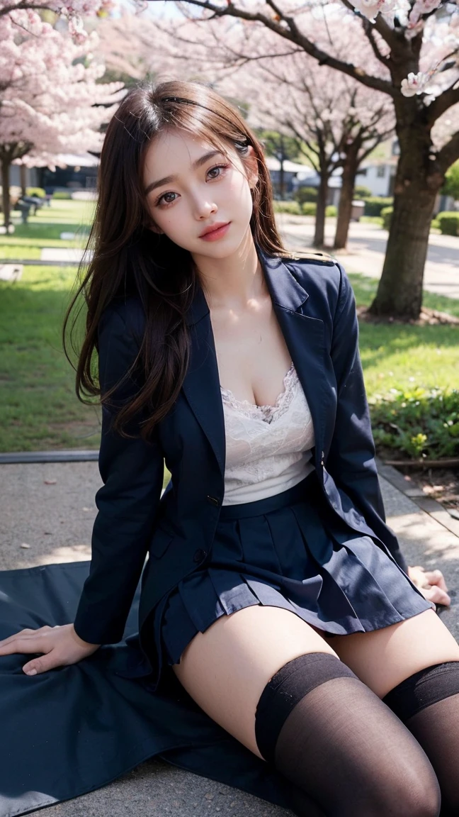 best quality, a 16 year old beautiful actress whose skirt is very short to show panties, this pretty idol wearing long sleeve formal shirt on her large breasts is in suit jacket, she is sitting on a bench at the city, nsfw, highly detailed, masterpiece, ultra high res, photo realistic, 8k