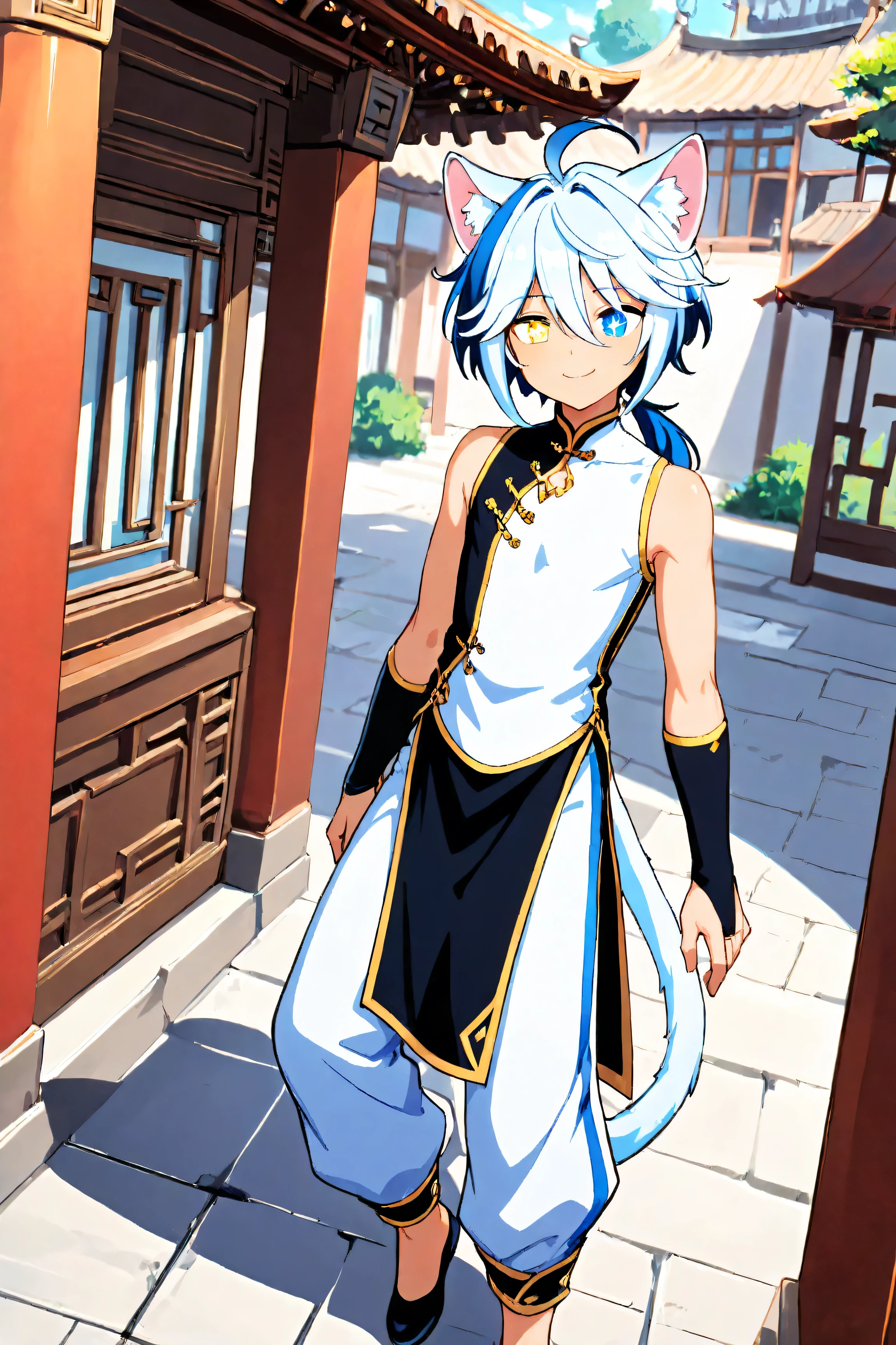 1boy, ahoge, animal ears, black footwear, black shirt, blue eyes, blue hair, bridal gauntlets, bright pupils, building, cat boy, cat ears, cat tail, changpao, chinese architecture, chinese clothes, hair between eyes, heterochromia, low ponytail, multicolored hair, multicolored shirt, outdoors, pants, shirt, shota, sleeveless shirt, smile, standing, star-shaped pupils, two-tone shirt, white hair, white pants, white shirt, yellow eyes,
