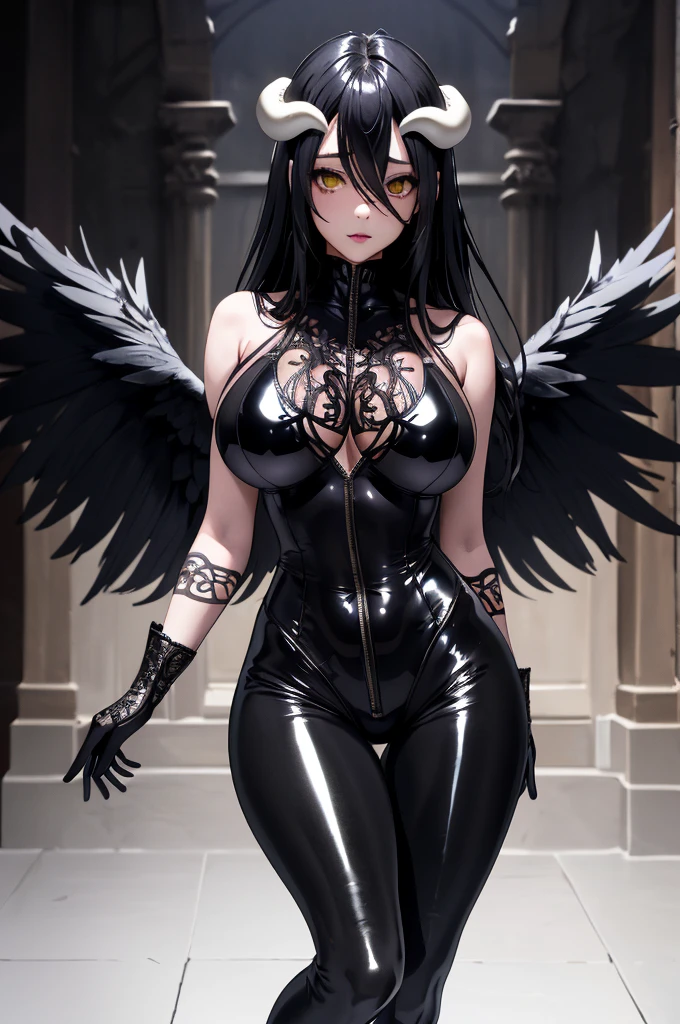 Craft a hauntingly realistic 8k image depicting the sinister elegance of a woman's alter ego. Cast her in ominous shadows, accentuating her fierce demeanor. Illuminate her features with an eerie, otherworldly glow, and give her imposing, dark angel wings that exude malevolence. Include a wickedly twisted halo over her head and a menacingly detailed sword in her left hand. Create an image that captures the chilling blend of ethereal power and dark beauty, evoking fear and fascination