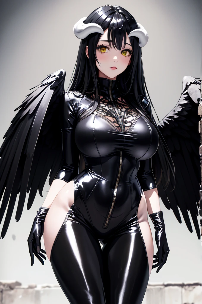 indoors, 1girl, solo, long_hair, breasts, looking_at_viewer, open_mouth, bangs, large_breasts, black_hair, thighhighs, gloves, navel, underwear, purple_eyes, wings, tongue, tongue_out, mole, underboob, ass_visible_through_thighs, garter_straps, from_below, fishnets, revealing_clothes, mole_under_mouth, feathered_wings, zipper, black_wings, hime_cut, fishnet_thighhighs, pussy_peek