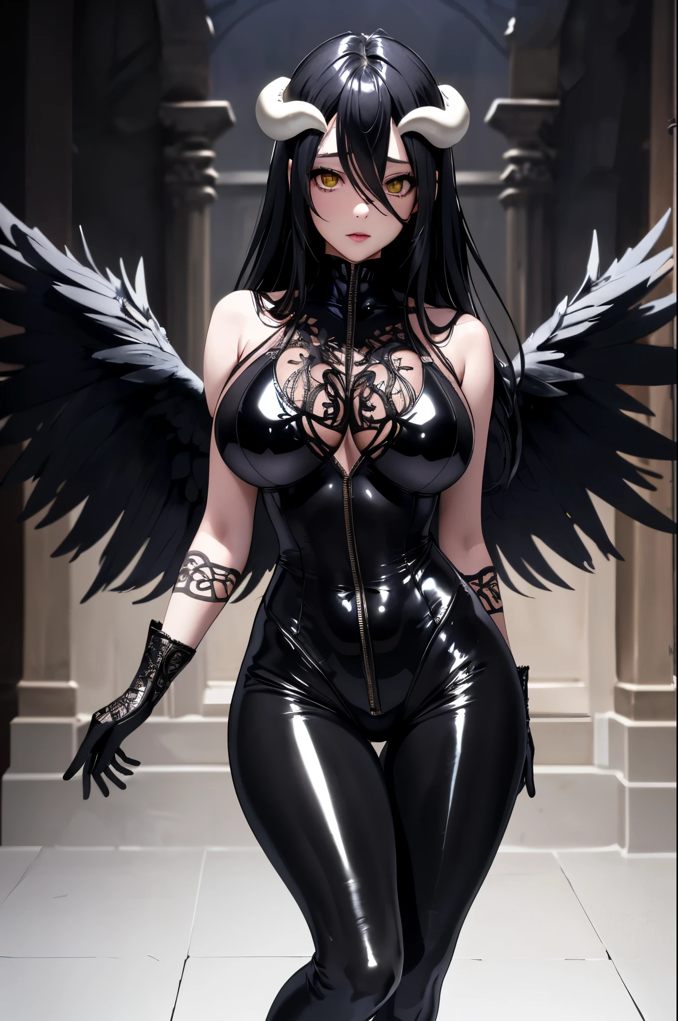 full shot, 65-year-old, multicolored gradient hair, black hair, crimson blood red hair, high ponytail, girly hair bow. colored skin, dark skin, dark skinned, tanned skin, tan skinned, tan skin, tan, tan lines, tan-lines, tanline. red lipstick, black lipstick, bimbo, goth, professional makeup. seductive gaze, glowing eyes, purple eyes, slitted eyes. some wrinkles on her face, age spot, very sexy evening outfit that reveals her small waist, many pieces of clothing being wore on top of one another. sculpted calves, digitigrade, hooves instead of feet, shark tail, fangs, sharp teeth, iridescent thigh bands, flat belly, no abdominal musculature, full big breasts, hyper hips, himejima akeno. (glittery black angel wings, black halo), (white demon wings, shining white horns), cyber gal, witch temptress, bad girl, bad bitch, fashion acessories, expensive jewelry, realistic, intricate, complex, 8k, highres, best quality, award winning, high details, high quality, super detail, textured skin, masterpiece, UHD, clear background, full body, multiple views.