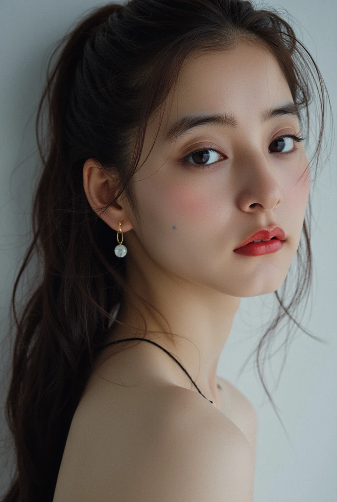 (Very delicate and beautiful, masterpiece, highest quality, Ultra-high resolution, 16k, Realistic, Very detailed, Very detailed CG 8k 壁紙, Beautiful lighting, Perfect Lightning, Realistic Shadows, (Anatomically correct)), (Fine, shiny skin, Latin, Late 20s, (The body is slim), (Slim abdomen), Small Head, Realistic little beautiful face, Realistic small beautiful eyes, double eyelid, eyeliner, mascara, Tearful mole, Mole on chest, Big earrings), (Full Body Shot, Short Wavy Hair, Soft abdomen, Thin clavicle, beautiful and very thin legs, Beautiful and very slim thighs, Exposing shoulders, barefoot), From above, Show your hand, Apply blush all over the face, (Wet:1.4), (Copper-white hair:1.3), (Korean School Uniform), (Summer Shirts:1.5),