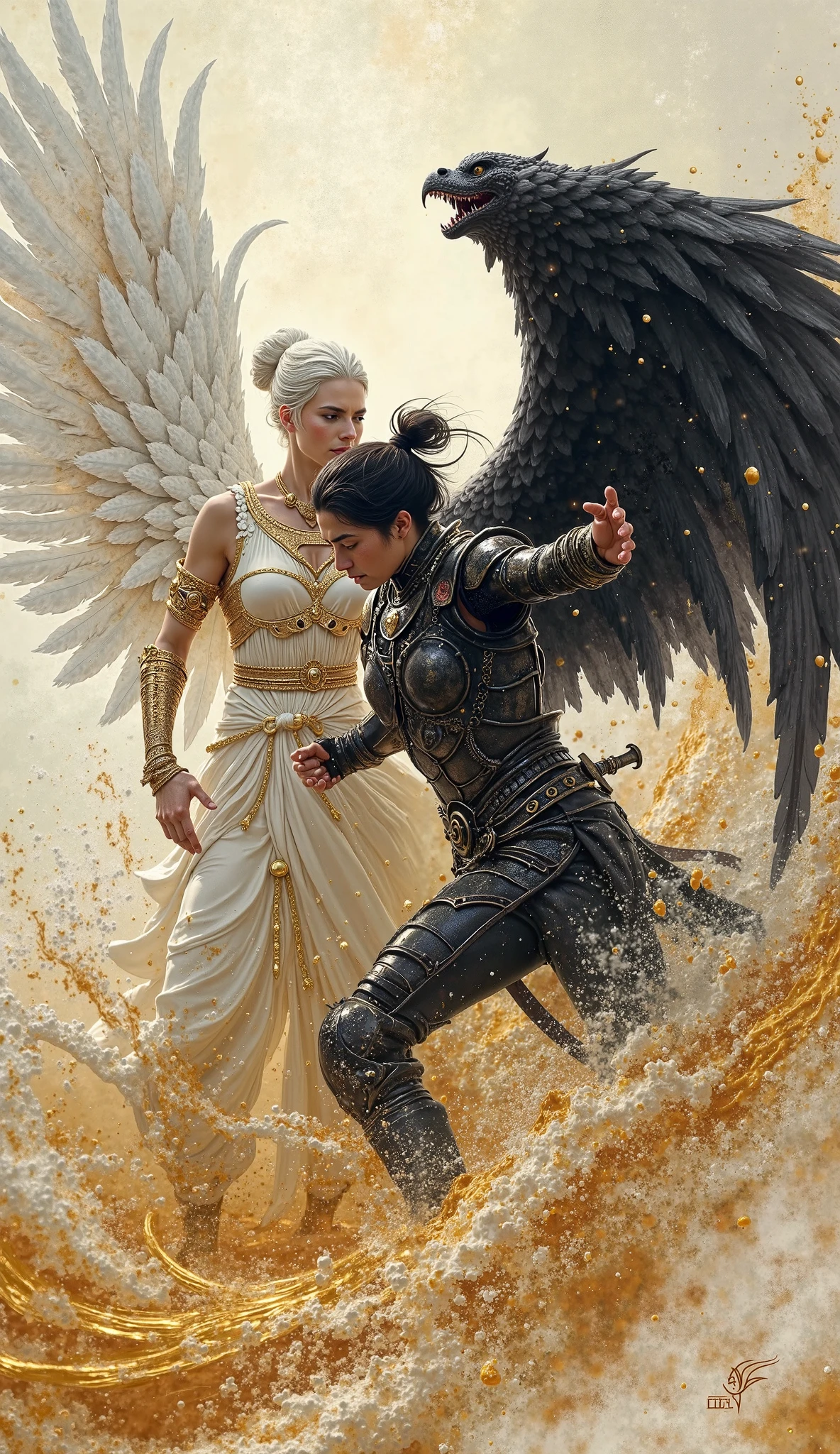 A picture of an angel fighting a warrior