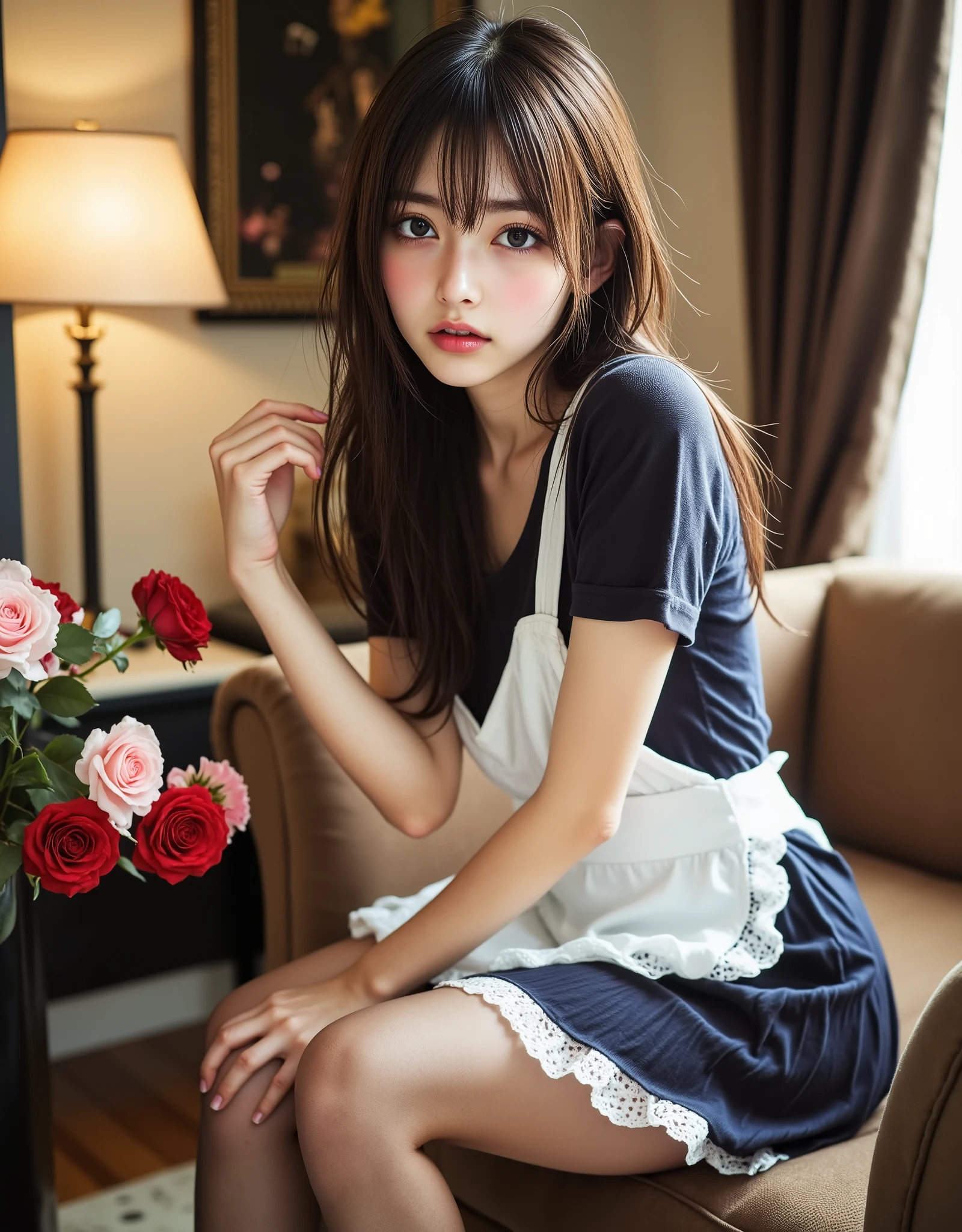 ((解剖学的に accurate人体構造)), (Canon), (EOS R5), (50mm), (((photorealistic:1.5))), ( No Lens Flare :1.5), ((超high resolution)), (masterpiece), accurate,( by Nomiな質感の肌), Super Detail, high detail, high quality , Award-winning work , 最high quality, 32K, depth of coverage, digital camera, Award-winning Glamour Photos , professional lighting,(SFW), ((最high quality:1.5)), ((masterpiece:1.5)), (( by Nomi)), high resolution, by Nomiな影, Roughness, Real Life,(( A very beautiful and cute Japanese woman :1.5)), (( cute Japanese top idol )), ((Upper body shot seen obliquely from the front :1.5)), ( upper body shot seen from the side :1.2), (( upper body shot from head to knee :1.8)), (( cute 18-year-old Japanese high school girl )), 1 girl, (( Very cute maid girl with a gray bow )), Beautiful and luxurious living room , ( sitting on a luxurious sofa ), looking at me, ( brown medium hair), (white I'm wearing a fluffy headband with big frills on my head:1.5), ( with a brown ribbon ), ((dark brown leather maid shoes are sometimes placed next to the bed)), ((Luxurious white apron with lots of frills)), (white apron with brown ribbon), with lots of frills , ((dark brown mesh stockings up to the thigh)), (black and pink roses up to the thigh), black to brown up to the thigh Striped knee-high socks, dreamy and shy expression , Attractive cuteness , seductive poses, Height: 160cm, slim figure, beautiful shaped normal size bust, c cup, cleavage of bust visible, (( very cute smile with slightly visible teeth :1.5)), ( alone:1.5), (Only one person in the bedroom), ( show your hands as little as possible ), (brown eyes on the frame:1.9), ( Detailed depiction of extremely realistic skin ), (Highly detailed, realistic eyes:1.9), ( extremely beautiful long realistic eyelashes ), (Highly detailed, realistic eyebrows), (丸いbrown eyes on the frame :1.8), ( beautiful catchlight on the eyes), (Realistic lips with moisture ), ( white realistic teeth neatly arranged ), ( Beautiful and Detailed Face :1.6), ( hourglass shape:1.6), (Wasp waist :1.5), ( Perfectly round and beautifully shaped bust :1.8), ( clearly contoured cheekbones :1.5), ( textured skin by Mr. Nomi :1.8), (Healthy body :1.8), (Narrow shoulders:1.9), ( staring at viewers), (enchanting gaze), (Beautiful, natural-looking hands), (Beautiful pale pink nails with a beautiful length), ( playful and curious posture ), beige-themed living room, ( The whole room is all beige ), Beige walls, beige ceiling , Beige floor , wearing luxurious brown and beige gothic ta-style maid clothes {x} brown cushions with white and pink floral patterns are placed on a fluffy brown sofa, gorgeous red and pink roses in a dark brown vase with floral pattern, dark brown curtains with floral pattern, Dark brown furniture, soft white lighting , ( Dreamy Cozy), stylish style, Glow effect, Bright dynamic lighting that looks beautiful on the skin , accurate手の形, accurate指の形, accurate指の数,5 fingers on one hand
