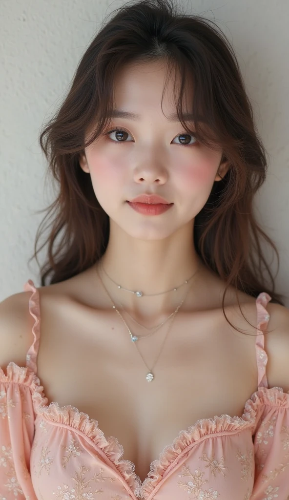 close-up of a beautiful female face, gorgeous eyes, intricate, cleavage, soft lips, smiling, naughty, seductive glance, freckles, crown, jewelry