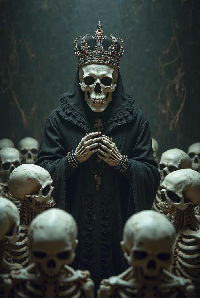 a waist up skull faced portrait of an evil demented CHV3CZombie, CHV3CReaper style zombie priest of death adorned in ornate royal black robes and a Papal tiara at a sinister crypt altar, candles, and roses, high resolution, award-winning picture in the style of the diablo video game franchise, centered, perfect composition, Professional, masterpiece, commissioned, best quality, Color Corrected, fixed in post, emended, ameliorated, idyllic