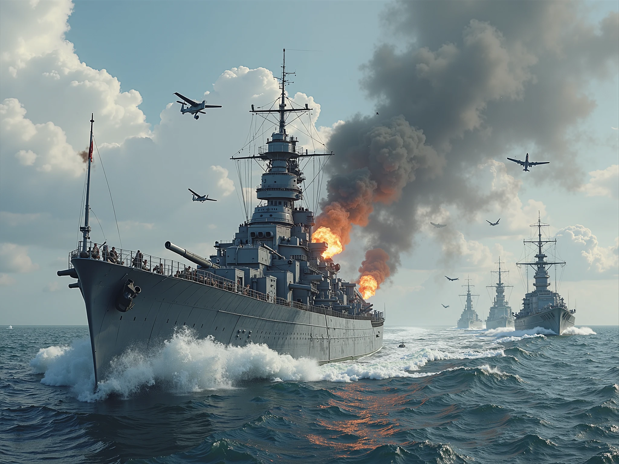 The ship Peter the Great sails on the sea, Planes, helicopters, ship Bismarck, military operations, High drawing, high water detail, realistic picture, development of ship units, dark image, dark colors.