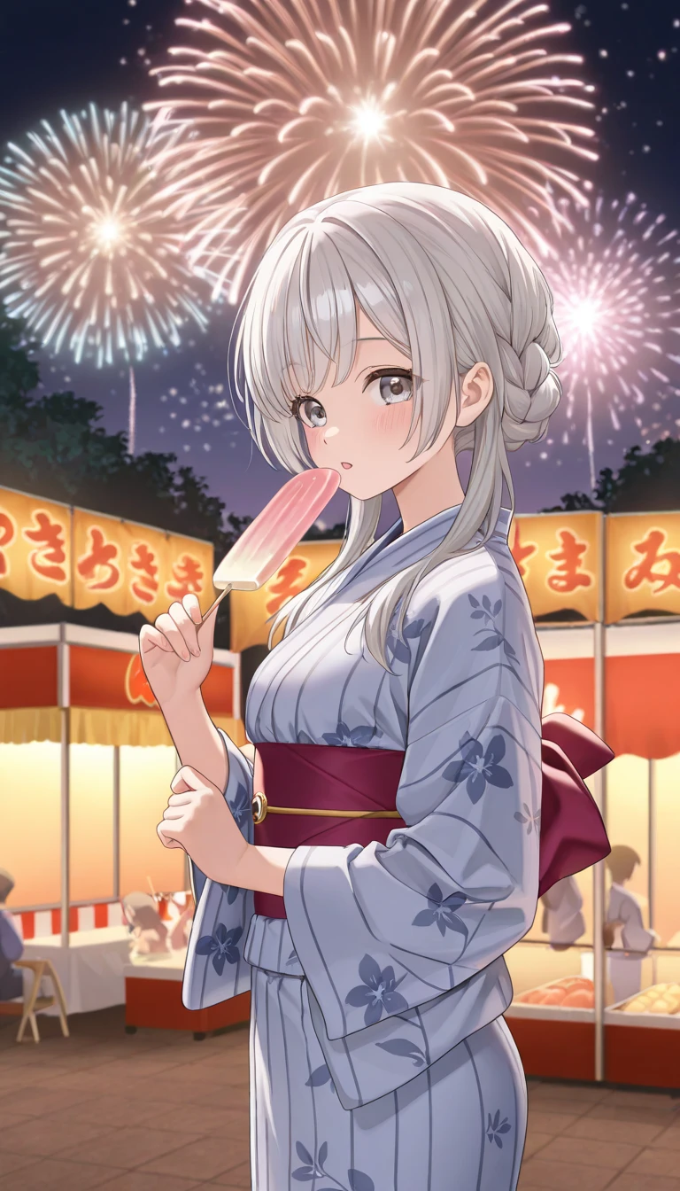 Animal ears　girl　Floral kimono　Big Breasts　Night view　firework　Hot Dog　Hold in mouth　Turn around　Black Hair　Slender　geta