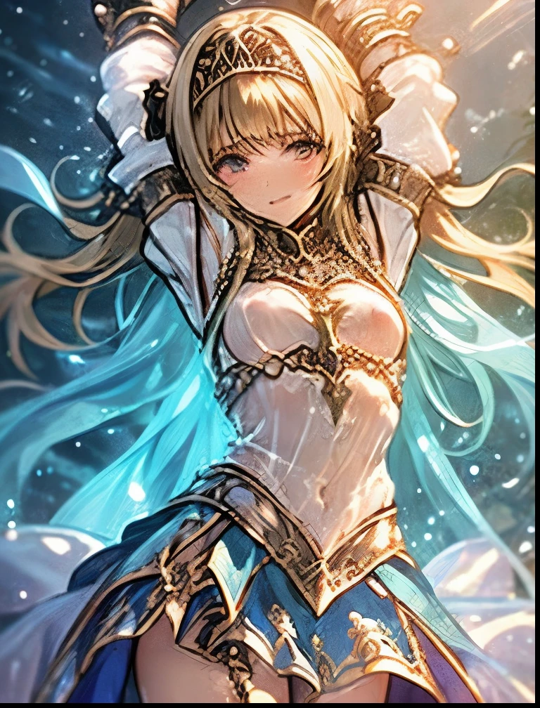 (((SFW、Highest quality、 first class masterpiece 、 Normal body 、8k、 detailed face 、 super precise、 real color 、5refer to、Highest)))、Alisha、『Valkyrie Profile 2』、Golden Hair 、 long hair、 short、Big Breasts、 slender、 slim、 Navel Exposure 、Pink Heart Dirty Print on Navel、Muscle Exposure、Half naked、Nipples See-Through Ultra Thin Transparent Slave Dress、Ultra Thin Transparent Miniskirt for Slaves、 slave iron collar 、Divine Sword、embarrassing、Rarely、moon、Possess、The goddess's guardian spirit behind it、 sacred