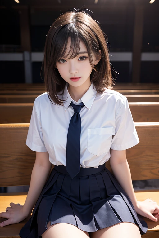 Highest quality、超A high resolution、(Photorealistic:1.5)、1 girl、(Brown Hair:1.2)、Shortcuts、Sticking out one ear、Bob、(Big Breasts:1.2)、Whole Body Ezbian、Smile、Bad Eyes、Panty shot, Spread your legs, Skirt, , White panties, socks, shirt, School, Knee-length, 白のshirt, loafers, Lively, 黒いsocks,  Pleated skirt, bow, Headrest, Look to the side, Brown footwear, masterpiece, Highest quality, Ultra-detailed、(((Panty shot)))、(((Spread your legs)))、Inviting eyes(Fascinating), ((exciting: 1.5)),