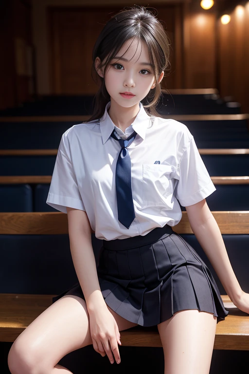 ((Highest quality、masterpiece))、(Full body standing shot:1.4)、、(Put your arms behind your back,:1.4)(Surreal schoolgirl in school uniform Japan:1.3), (White shirt short sleeve:1.2), (Ultra-thin ribbon tie:1.2)、(Short skirt 1.2)、(thin:1.2)、(Small Tits:1.2)(Tabletop, Highest quality:1.2), 8k, 15-year-old student, 85mm, Official Art, RAW Photos, Absurd,(Face of Sadness:1.3), close, Upper Body, Violet, Gardenias, beautiful girl, school uniform, (Navy Pleated Skirt:1.2), (Sitting on a bed in a dark room:1.4), View your viewers, No makeup, thin指, Film Grain, chromatic aberration, Sharp focus, Face Light, Bright lighting, Teen, Detailed face, Bokeh Background
