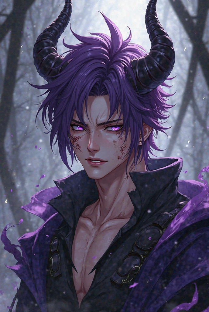 Ultra detailed, Highres, absurdres, HDR, Fushiguro Touji, black straight hair, expressive green eyes, black coat with patterns, Jujutsu Kaisen, fantasy, petals, handsome, sexy man, solo, very detailed eyes and face, master piece, black gloves, purple background, purple moon, bare chest, black demon horns, magical, purple roses, black feathers, shining, starry sky,