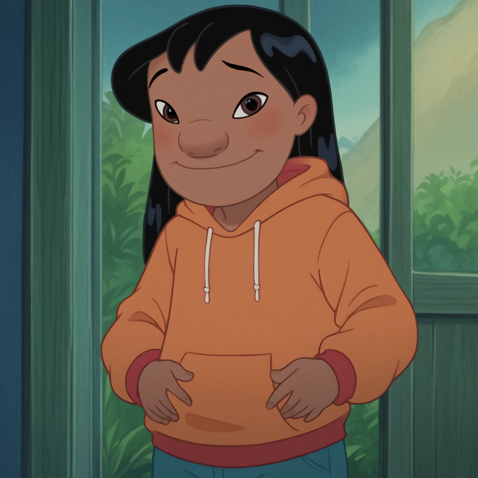 score_9, score_8_up, score_7_up, rating_explicit, source_anime,detailed skins, body blush,cowboy shot, flat ,  highly detailed, body blush,cowboy shot, looking at viewer, perfect eyes,perfect hands, sidelocks,lilo, long black hair, brown eyes, dark skin, flat , lilo , smile, red boots, orange hoodie blue pants 