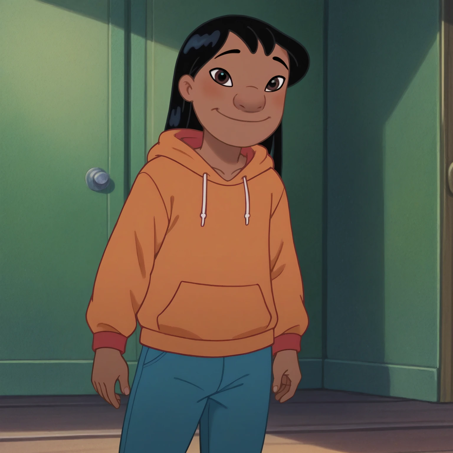 score_9, score_8_up, score_7_up, rating_explicit, source_anime,detailed skins, body blush,cowboy shot, flat chest,  highly detailed, body blush,cowboy shot, looking at viewer, perfect eyes,perfect hands, sidelocks,lilo, long black hair, brown eyes, dark skin, flat chest, lilo , smile, red boots, orange hoodie blue pants 