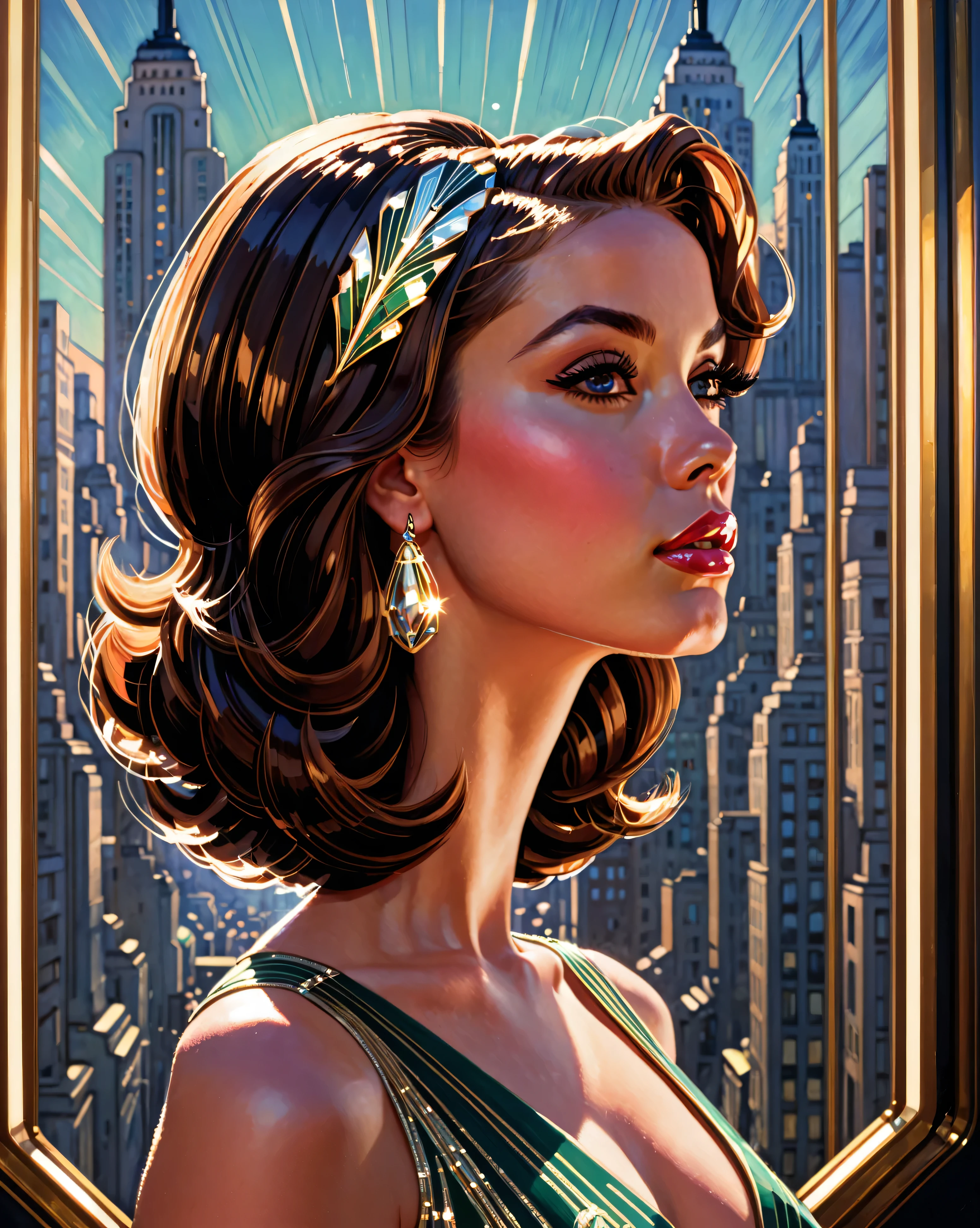 1girl, Solo, High Resolution, Looking at viewer, bouffant hairstyle, Hair Ornament, Parted Lips, From Side, From Below, Backlighting, Art Deco, Impressionism,