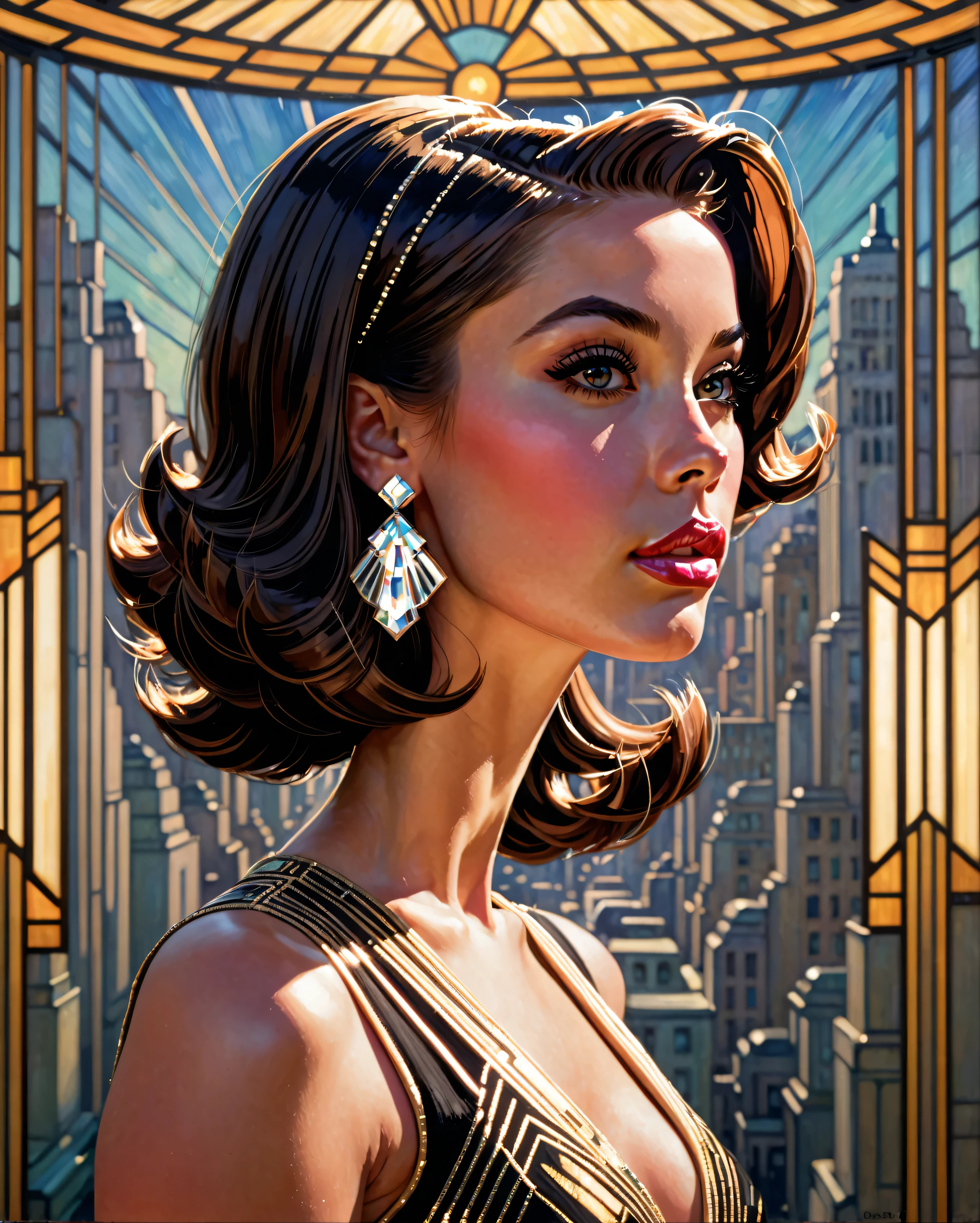 1girl, Solo, High Resolution, Looking at viewer, bouffant hairstyle, Hair Ornament, Parted Lips, From Side, From Below, Backlighting, Art Deco, Impressionism,