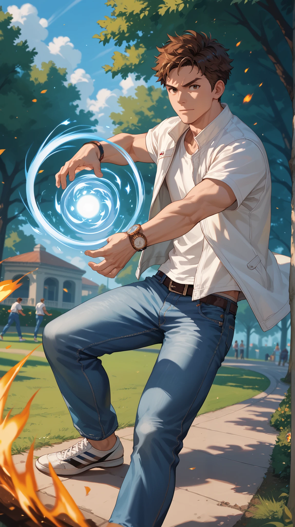 man with short brown hair in a park, white jacket with short sleeves and a long sleeve shirt under, jeans, throwing a hadouken, fireball, energy ball, charging, hadouken