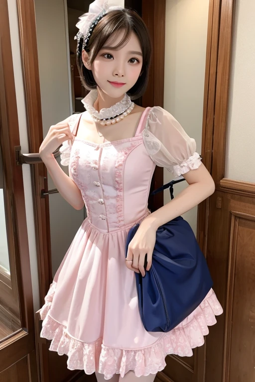 Fair skin，A full-body photo of the high heels must be fully exposed，One man only，Brown hair，long eyelasher，A shallow smile，Blushlush，super detailing，Best quality at best，White lace-up heels，Knee-length pleated skirt，White ribbon and bow，Sleeveless bandeau dress，Silk collar，Gorgeous décor，A large white ribbon is worn on his head，White extra-long lace gloves，Repair the wrist，Golden decoration，Black lace stockings，The gloves fit perfectly with the clothes，Black stockings cover the whole body，The skirt has a gorgeous pattern