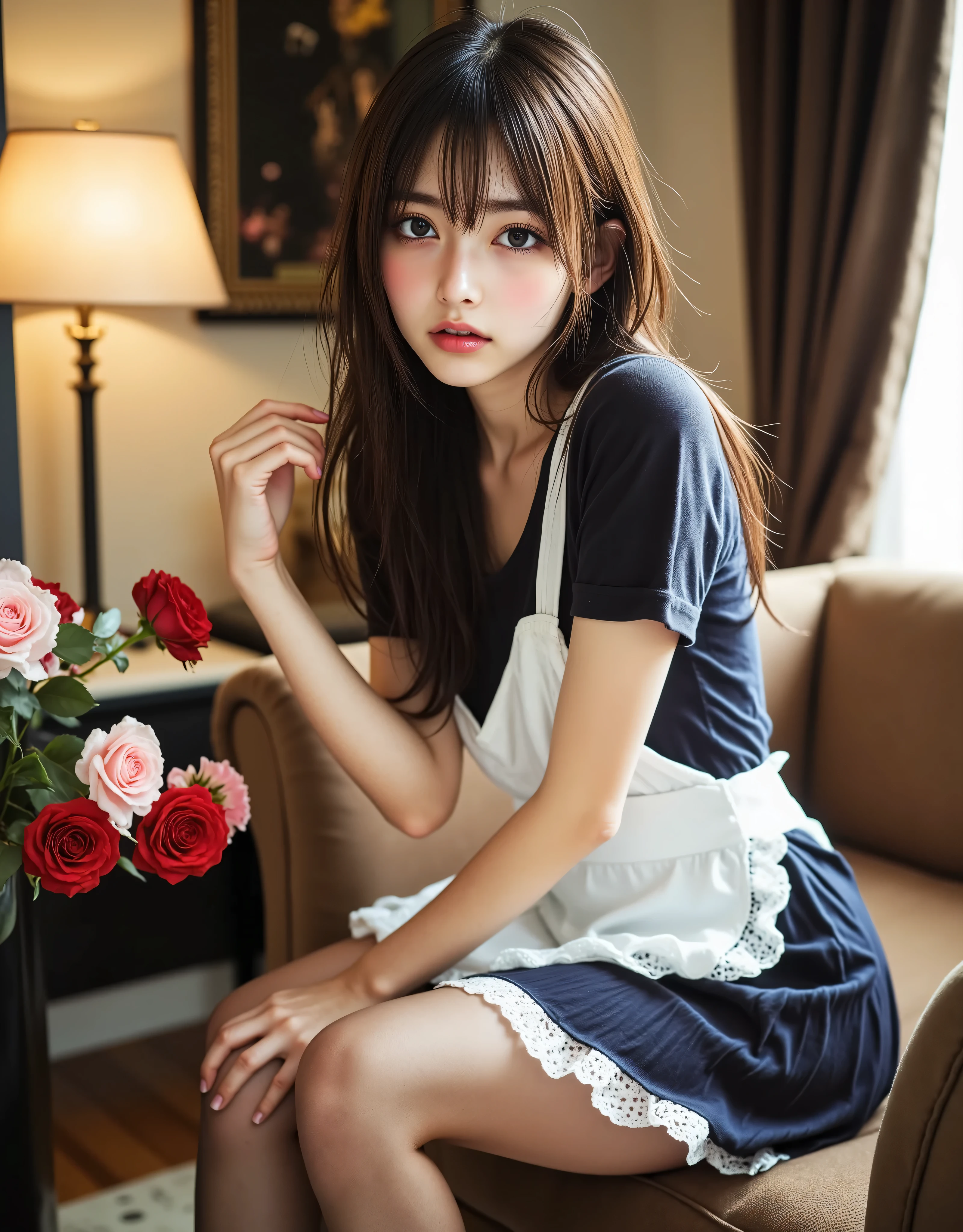 (( anatomically accurate human body structure )), (Canon), (EOS R5), (50mm), (((photorealistic:1.5))), ( No Lens Flare :1.5), ((超high resolution)), (masterpiece), accurate,( by namesな質感の肌), Super Detail, high detail, high quality , Award-winning work , 最high quality, 32K, depth of coverage, digital camera, Award-winning Glamour Photos , professional lighting,(SFW), ((最high quality:1.5)), ((masterpiece:1.5)), (( by names)), high resolution, by namesな影, Roughness, Real Life,(( A very beautiful and cute Japanese woman :1.5)), (( cute Japanese top idol )), ((Upper body shot seen obliquely from the front :1.5)), ( upper body shot seen from the side :1.2), (( upper body shot from head to knee :1.8)), (( cute 18-year-old Japanese high school girl )), 1 girl, (( Very cute maid girl with a gray bow )), Beautiful and luxurious living room , ( sitting on a luxurious sofa ), looking at me, ( brown medium hair), (white I'm wearing a fluffy headband with big frills on my head:1.5), ( with a brown ribbon ), ((dark brown leather maid shoes are sometimes placed next to the bed)), ((Luxurious white apron with lots of frills)), (white apron with brown ribbon), with lots of frills , ((dark brown mesh stockings up to the thigh)), (black and pink roses up to the thigh), black to brown up to the thigh Striped knee-high socks, dreamy and shy expression , Attractive cuteness , seductive poses, Height: 160cm, slim figure, beautiful shaped normal size bust, C cup, cleavage of bust visible, (( very cute smile with slightly visible teeth :1.5)), ( alone:1.5), (Only one person in the bedroom), ( show your hands as little as possible ), (brown eyes on the frame:1.9), ( Detailed depiction of extremely realistic skin ), (Highly detailed, realistic eyes:1.9), ( extremely beautiful long realistic eyelashes ), (Highly detailed, realistic eyebrows), (丸いbrown eyes on the frame :1.8), ( beautiful catchlight on the eyes), (Realistic lips with moisture ), ( white realistic teeth neatly arranged ), ( Beautiful and Detailed Face :1.6), ( hourglass shape:1.6), (Wasp waist :1.5), ( Perfectly round and beautifully shaped bust :1.8), ( clearly contoured cheekbones :1.5), ( textured skin by Mr. names :1.8), (Healthy body :1.8), (Narrow shoulders:1.9), ( staring at viewers), (enchanting gaze), (Beautiful, natural-looking hands), (Beautiful pale pink nails with a beautiful length), ( playful and curious posture ), beige-themed living room, ( The whole room is all beige ), Beige walls, beige ceiling , Beige floor , wearing luxurious brown and beige gothic ta-style maid clothes {x} brown cushions with white and pink floral patterns are placed on a fluffy brown sofa, gorgeous red and pink roses in a dark brown vase with floral pattern, dark brown curtains with floral pattern, Dark brown furniture, soft white lighting , ( Dreamy Cozy), stylish style, Glow effect, Bright dynamic lighting that looks beautiful on the skin , Accurate , Accurate , Accurate,5 fingers on one hand