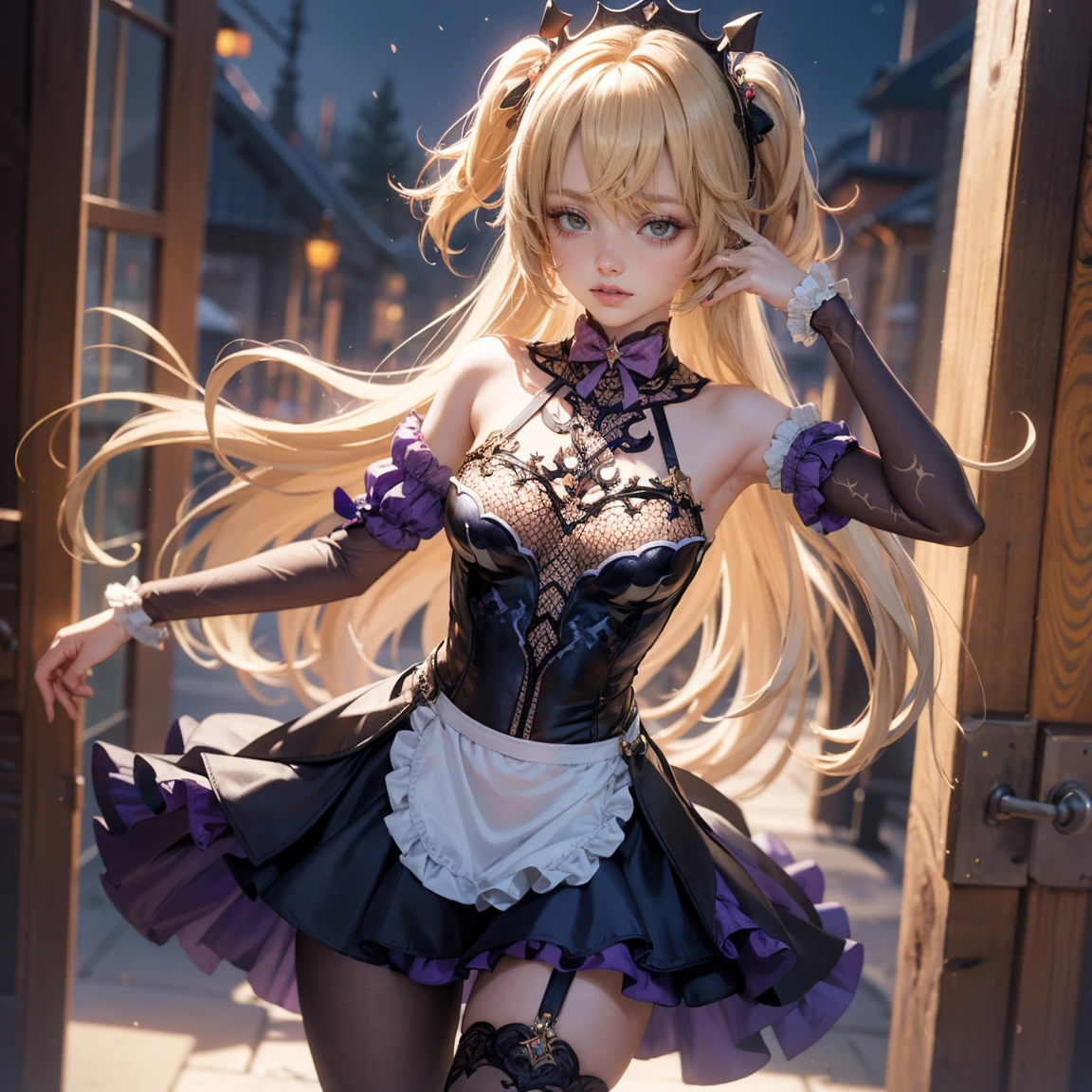 1girl, Ass view pose from below, ass visible through thighs, ass, <lora:d.va_v1:0.8> ddhana, blonde hair, twintails, hair bow, animal ears, whisker markings, heart earrings, cat tail, bowtie, pink bow, cleavage, gothic, black dress, short sleeves, puffy sleeves, black gloves, purple skirt, argyle, pantyhose, ((detailed)), ((best quality)), ((masterpiece)), extremely detailed CG unity 8k wallpaper, 32k, focus sharp, <lora:add_detail:0.8> <lora:Light and Shadow:0.5>  <lora:CosmicEyes:0.5>
