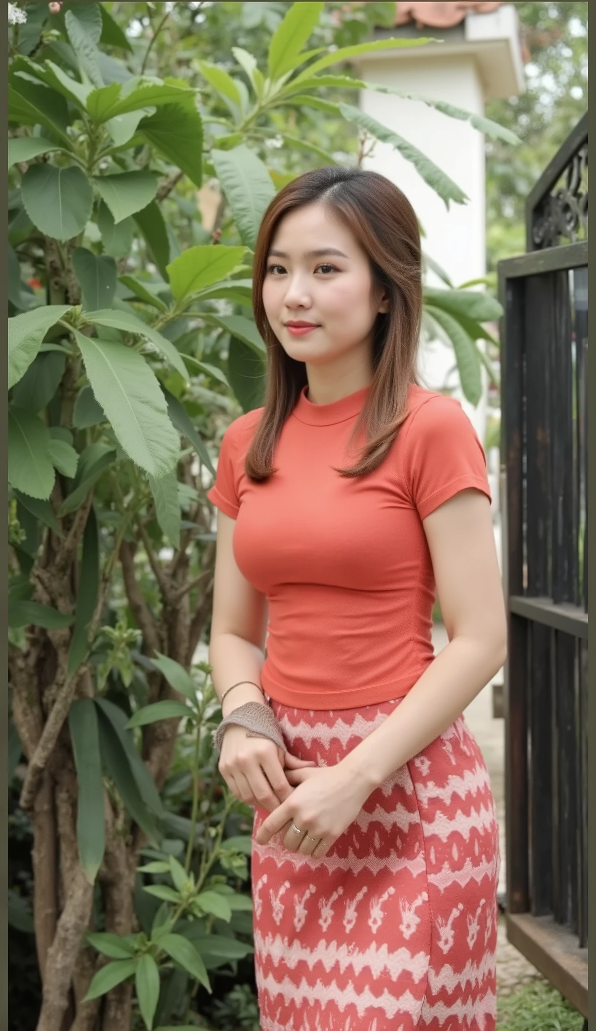 “Hyper-realistic face, ultra-detailed skin texture, lifelike body details, realistic pores and fine wrinkles, natural imperfections, enhanced facial structure, sharp eyes with intricate iris details, well-defined lips and nose, high-resolution body texture, visible muscle tone and skin softness, cinematic lighting, ultra-sharp focus, extreme photo realism, best color grading, smooth gradients, deep contrast, photorealistic depth, 8K resolution, high dynamic range, ultra-detailed image texture, perfect clarity, breathtaking visual quality, “Enhanced dress creases, realistic fabric folds, tight dress fitting, detailed body curves, natural fabric tension, high-resolution texture, visible stitching, ultra-sharp focus, cinematic lighting, smooth gradients, deep contrast, photorealistic depth, 8K resolution, extreme realism, best color grading, masterful light balance, ultra-detailed textures, breathtaking visual quality, “Pretty Thai girl face, delicate facial features, smooth skin texture, expressive almond-shaped eyes, natural beauty, well-defined eyebrows, soft pink lips, realistic skin tone, high-resolution details, cinematic lighting, ultra-sharp focus, photorealistic depth, 8K resolution, extreme realism, best color grading, masterful light balance, breathtaking visual quality, “Realistic adjustments, enhanced highlights, deep shadows, perfect contrast balance, optimized exposure, refined white and black levels, high dynamic range, smooth tonal transitions, cinematic lighting, ultra-sharp details, photorealistic depth, 8K resolution, extreme realism, best color grading, masterful light balance, breathtaking visual quality, wear tight, ultra tight dress, tight dress, cotton textile skirt with realistic cotton textile patterns, ( transparent lace shirt), enhance beautiful and round breasts, hourglass body